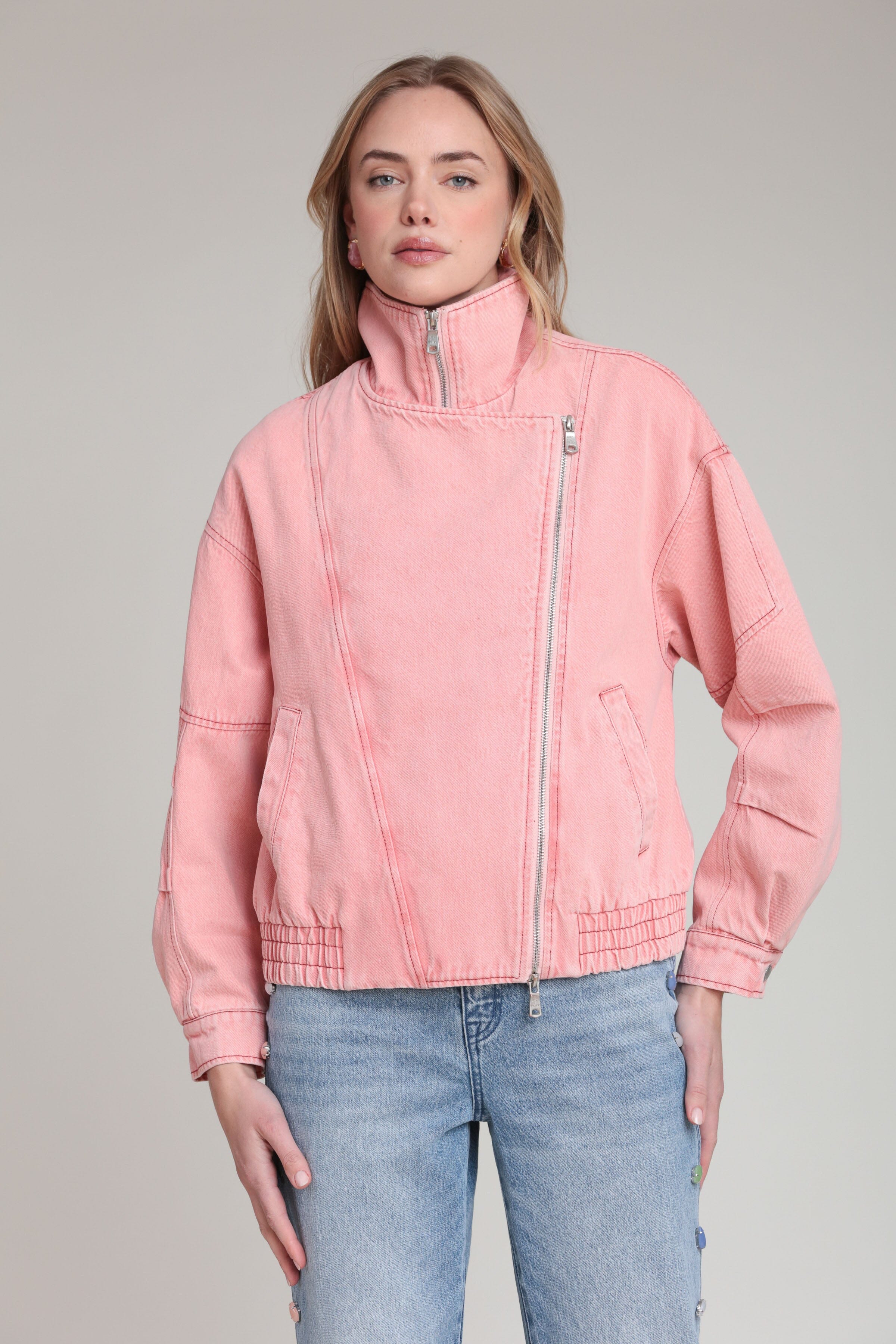 Pink denim bomber jacket in cotton blend with long sleeves and zip-up front - Shop cute jackets by Avec Les Filles