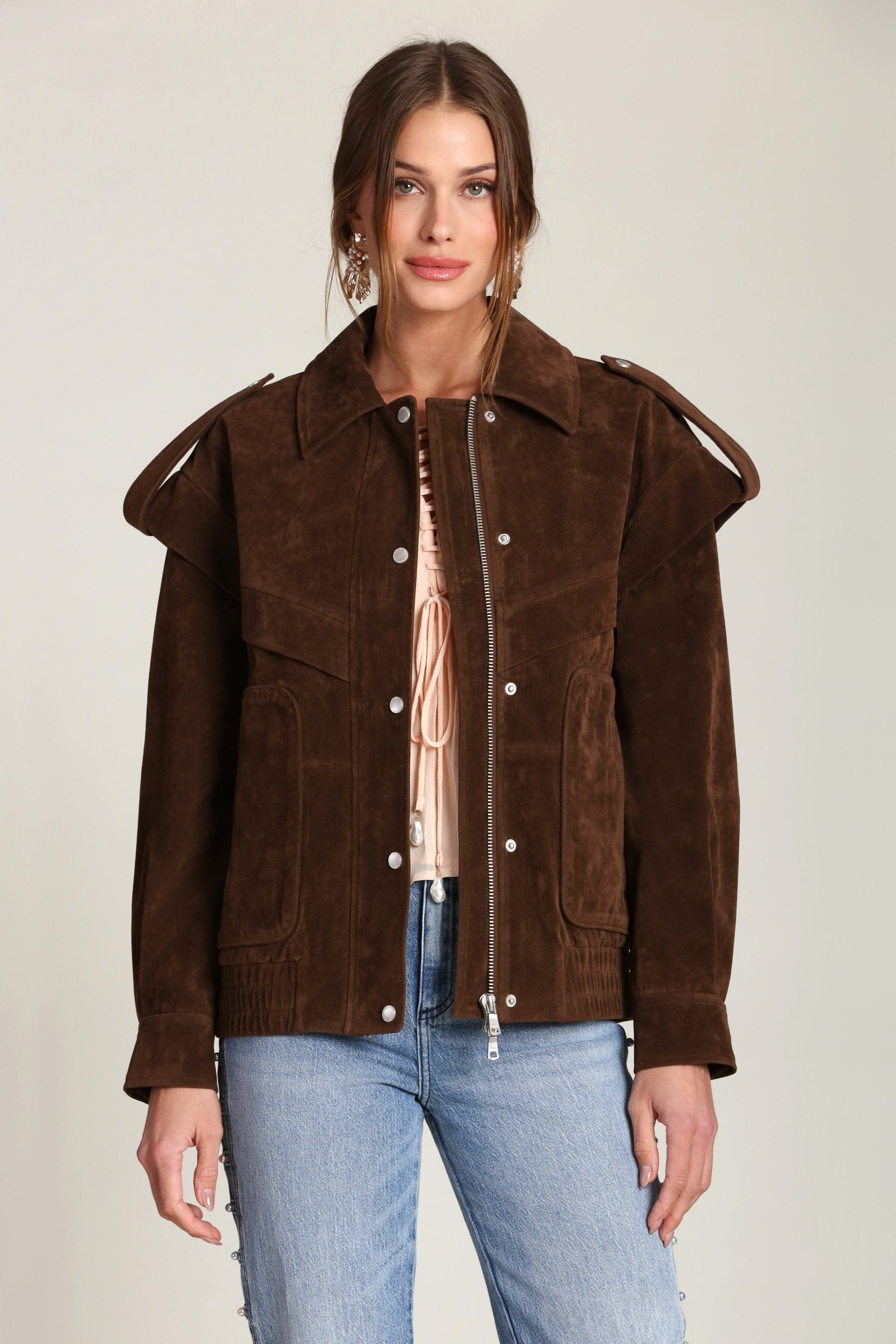 Faux suede layered brown bomber jacket with snap-front placket and pointed collar - Women's coats & bomber jackets by Avec Les Filles