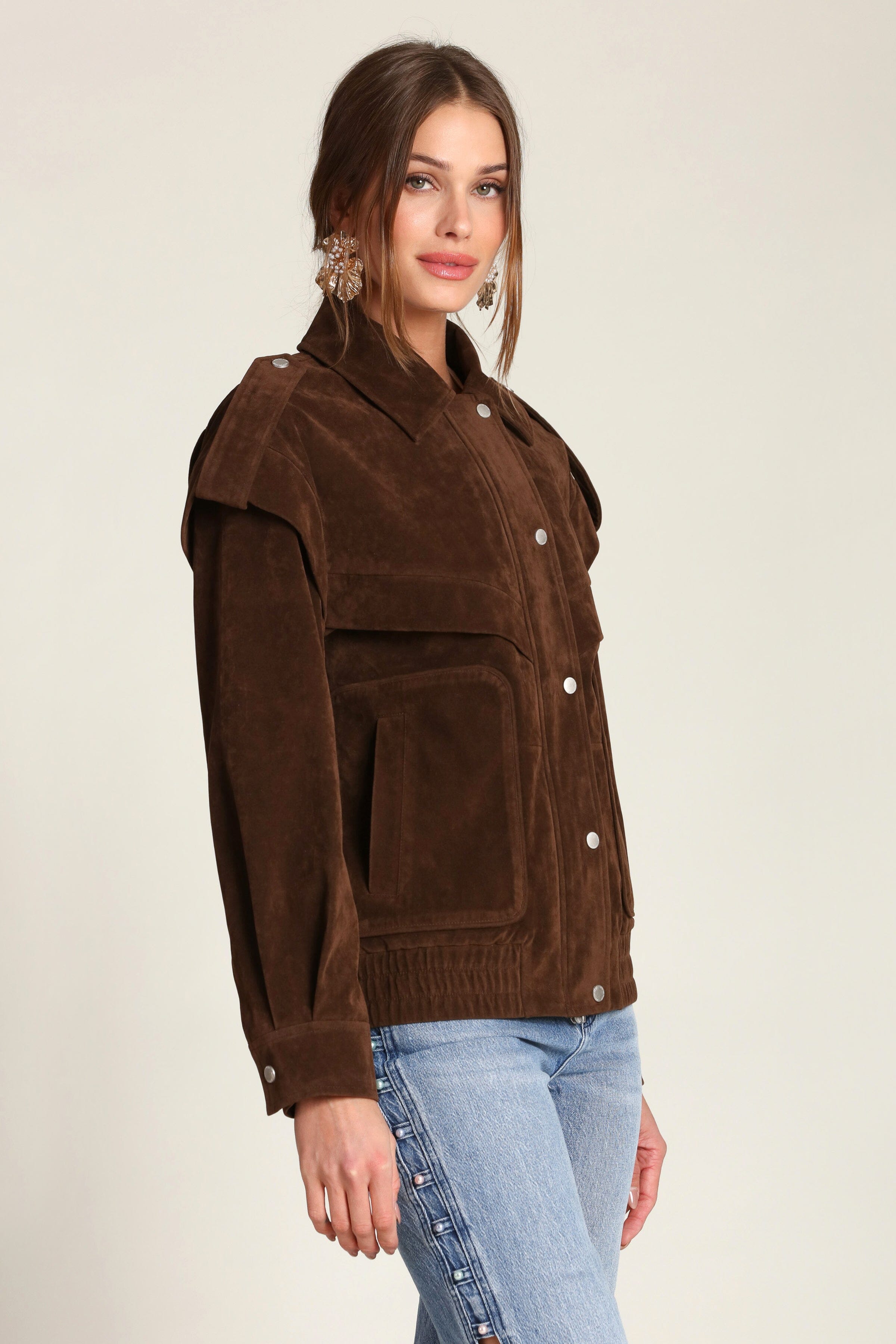Faux suede layered brown bomber jacket with snap-front placket and pointed collar - Shop coats & bomber jackets by Avec Les Filles
