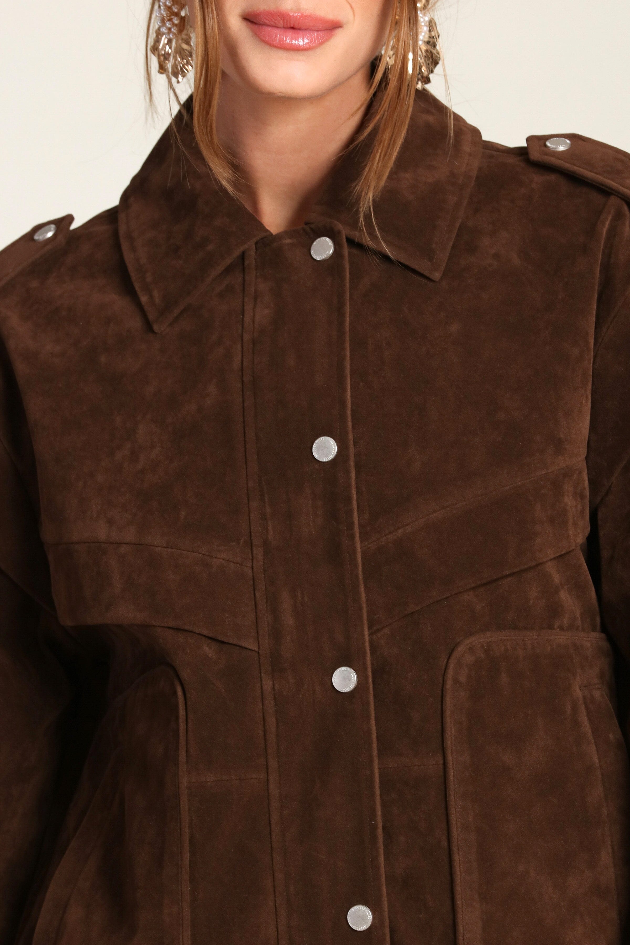 Faux suede layered brown bomber jacket with snap-front placket and pointed collar - Women's designer coats & bomber jackets by Avec Les Filles