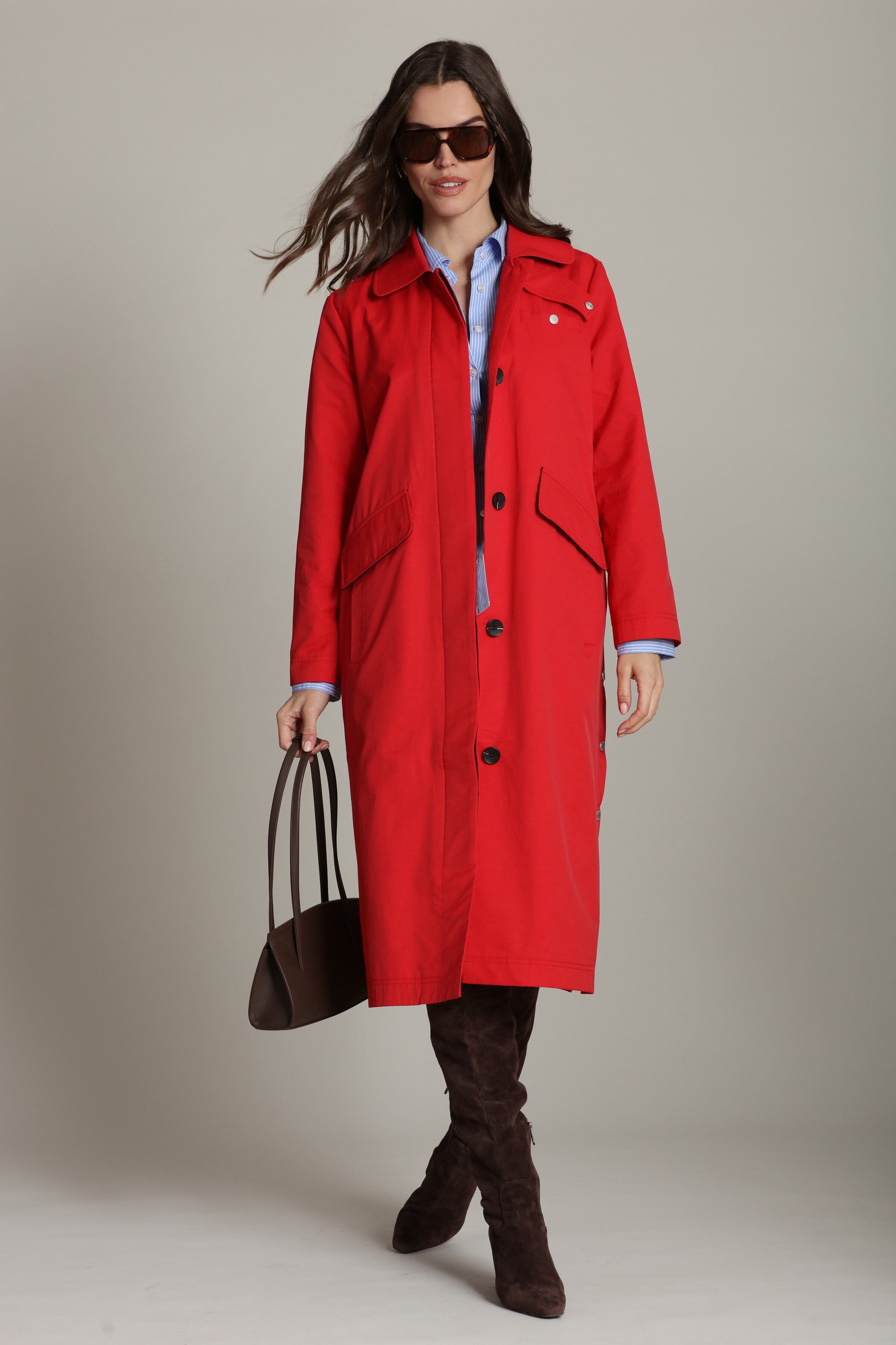 Cotton-blend red trench coat buttoned to the top - cute women's long coats by Avec Les Filles