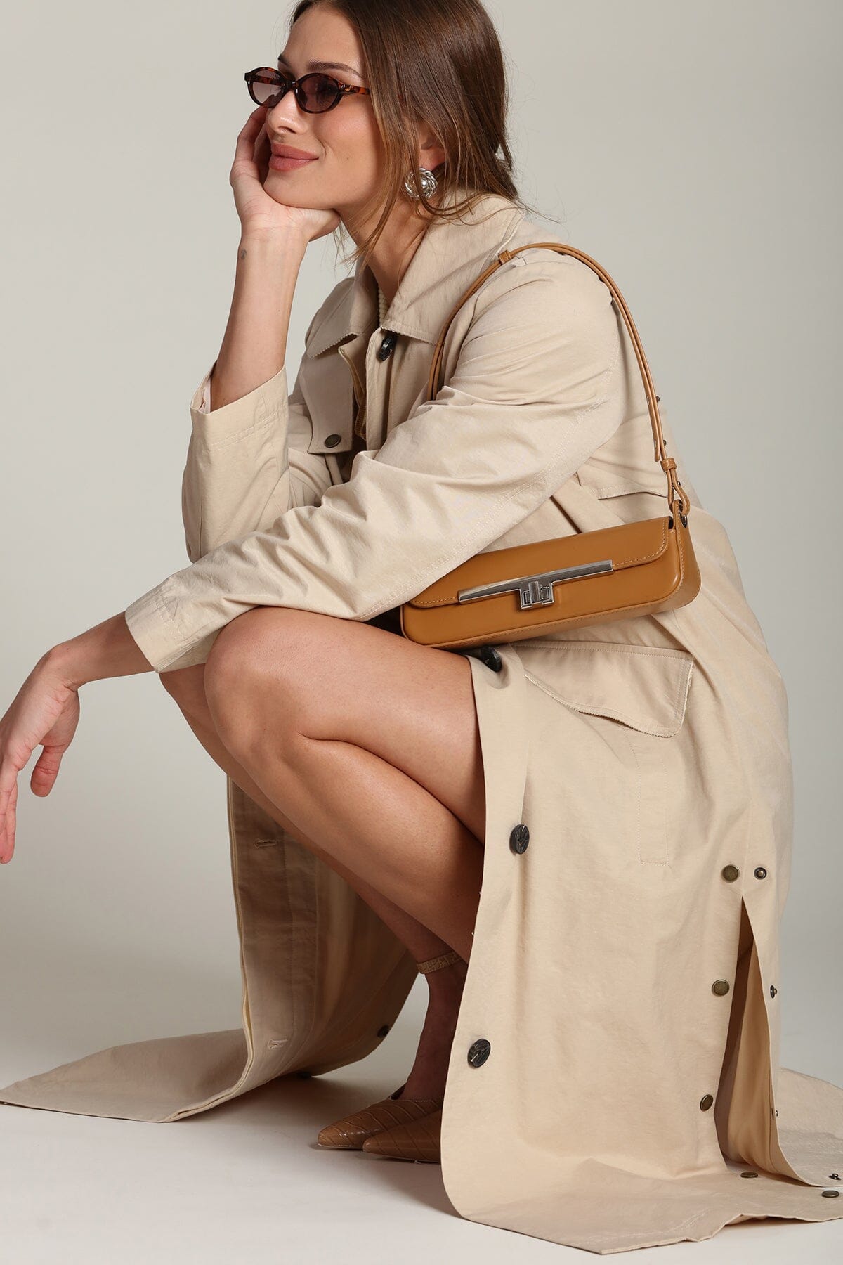 Cotton nylon utility button-front sandy tan midi trench coat with front flap and welt pockets - Shop designer women's midi trench coats by Avec Les Filles