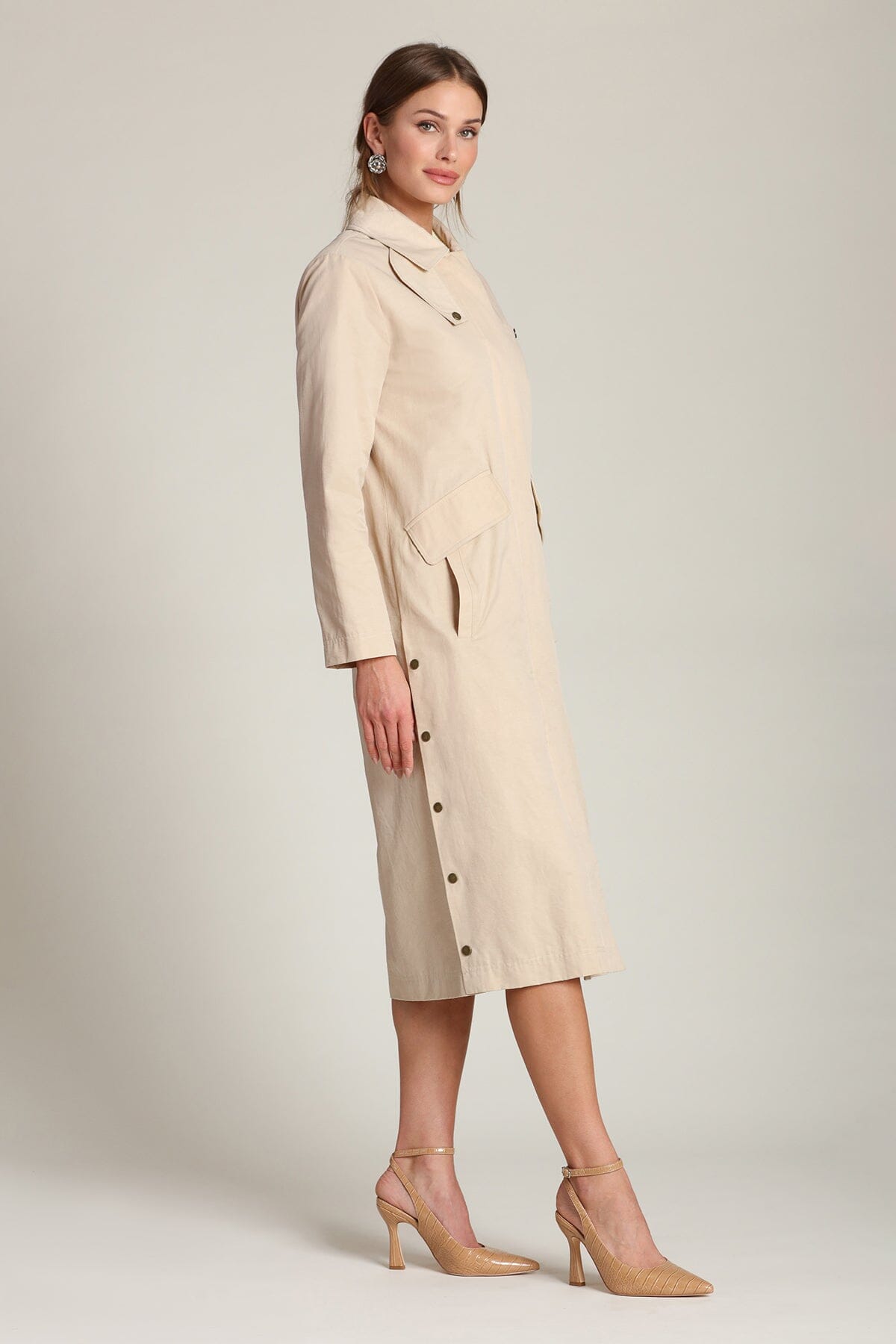 Cotton nylon utility button-front sandy tan midi trench coat with front flap and welt pockets - Shop designer women's midi trench coats by Avec Les Filles