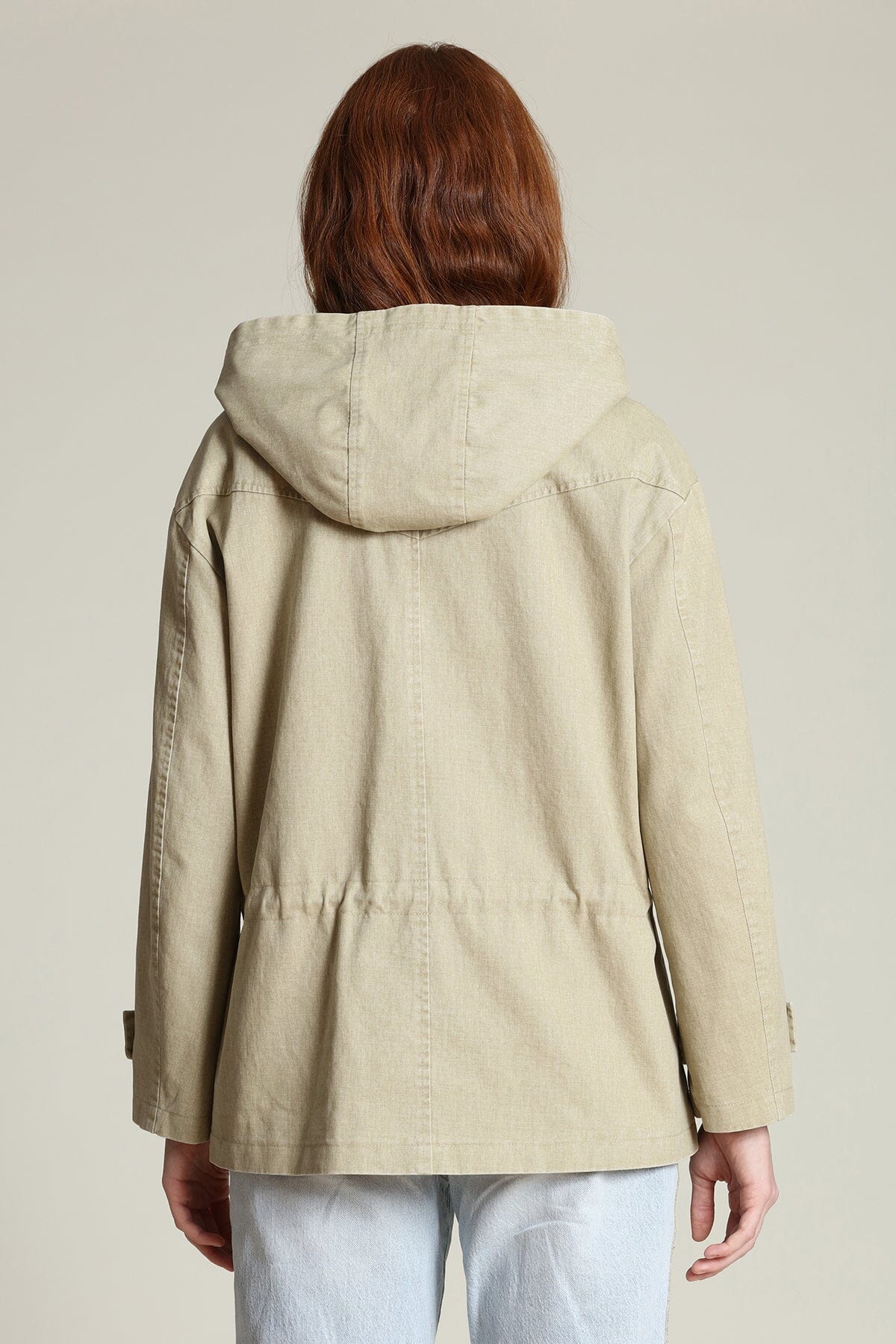 Cotton snap-front beige anorak jacket with long sleeves, attached hood and an adjustable drawstring waist - Shop designer jackets by Avec Les Filles