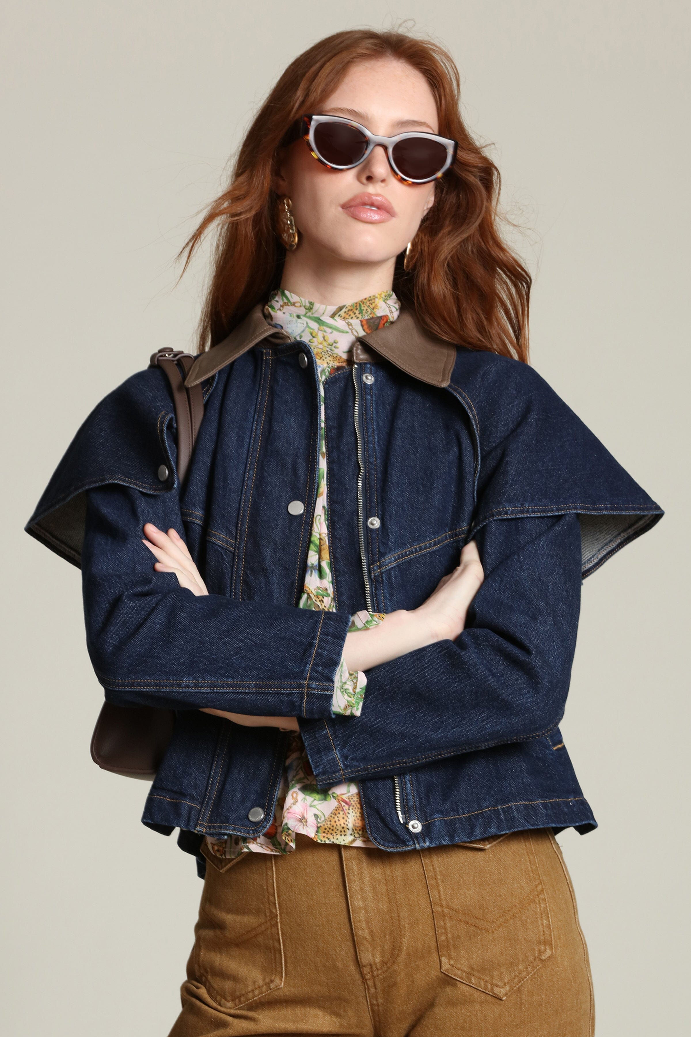 Denim cape cropped indigo blue jacket with snap-front and faux leather contrast collar - Shop designer women's coats & jackets by Avec Les Filles