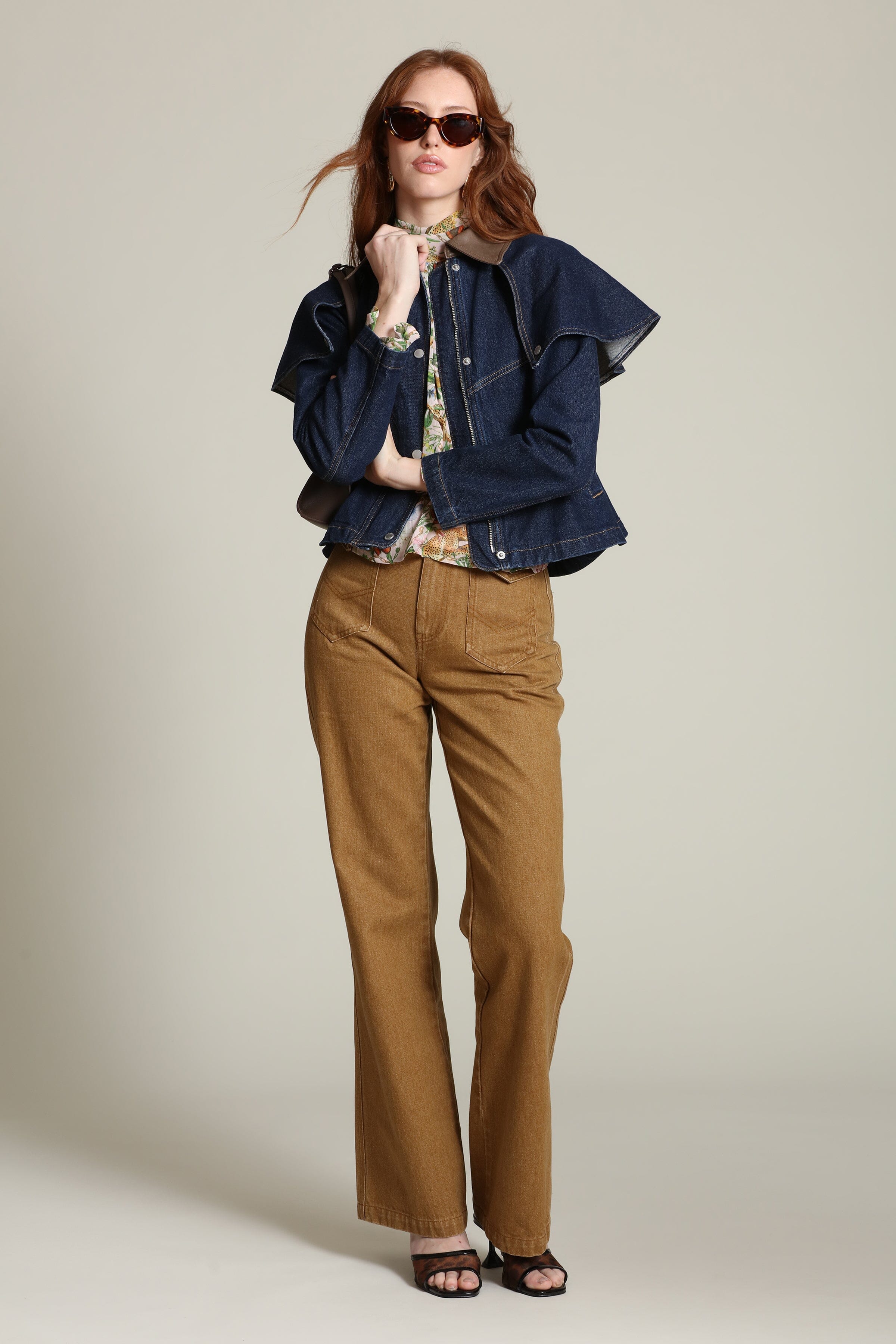 Denim cape indigo blue jacket with snap-front and faux leather contrast collar by Avec Les Filles