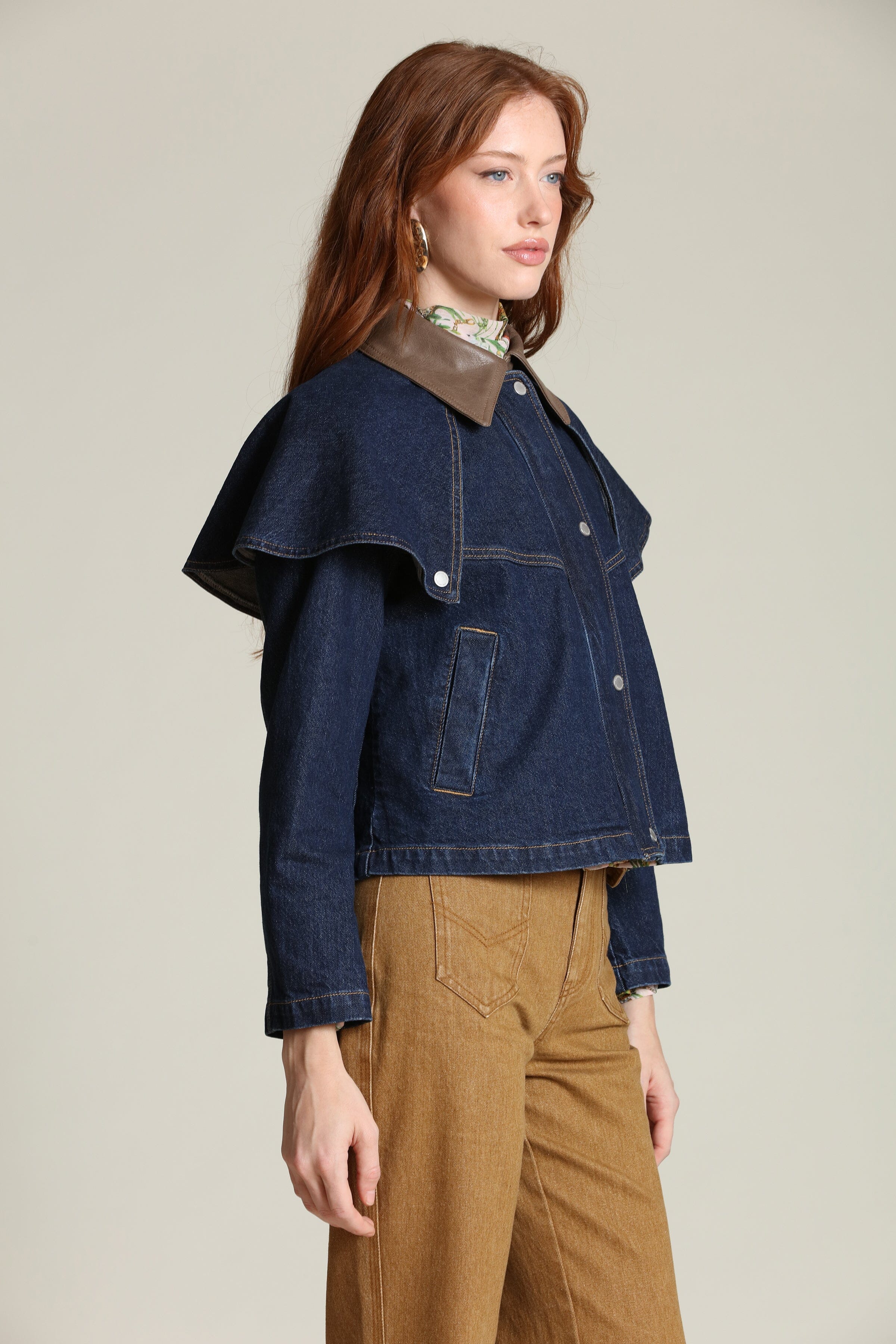 Denim cape indigo blue jacket with snap-front and faux leather contrast collar by Avec Les Filles