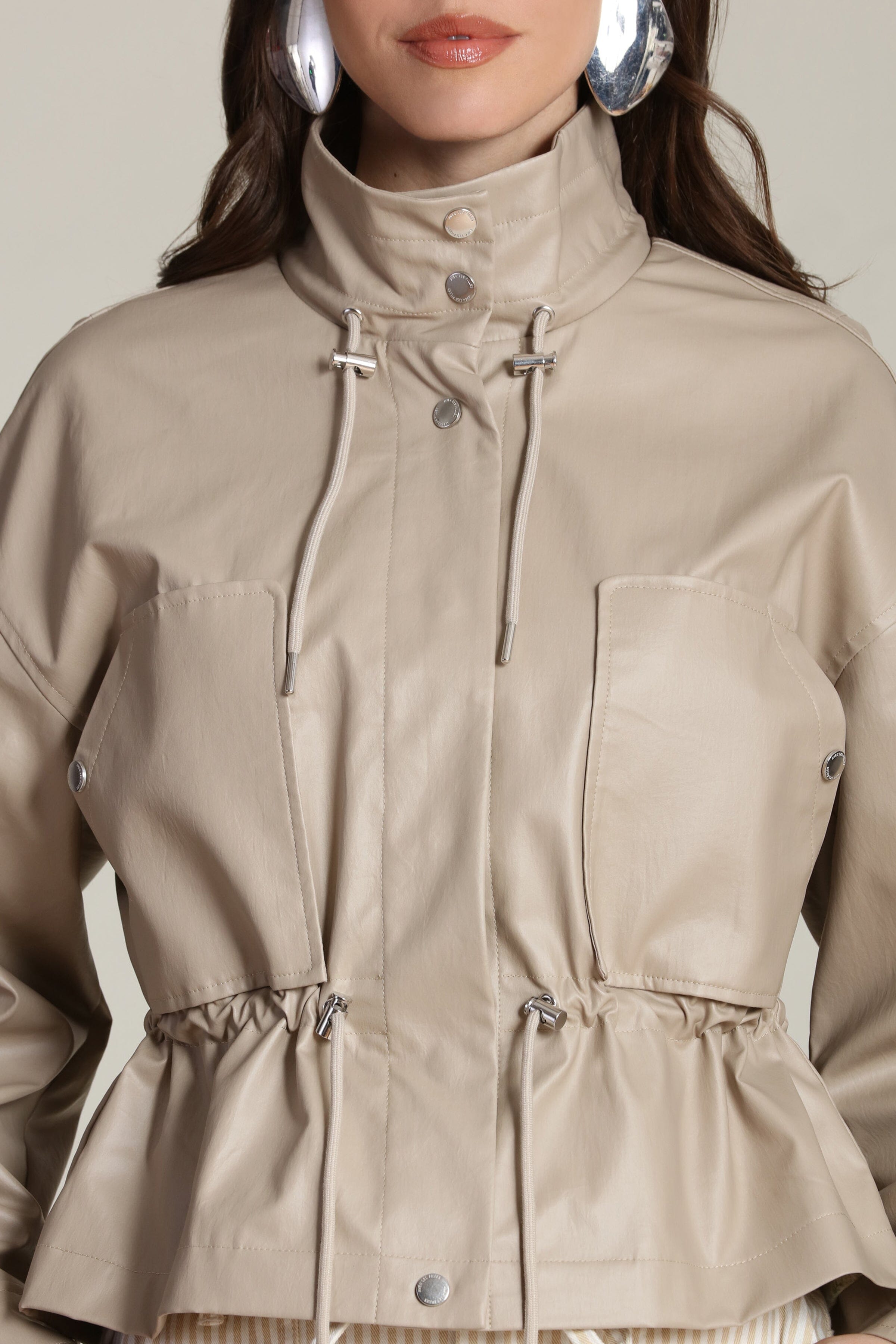 Faux leather cropped beige anorak jacket with snap-button front and adjustable drawstring waist - Shop women's coats & jackets by Avec Les Filles