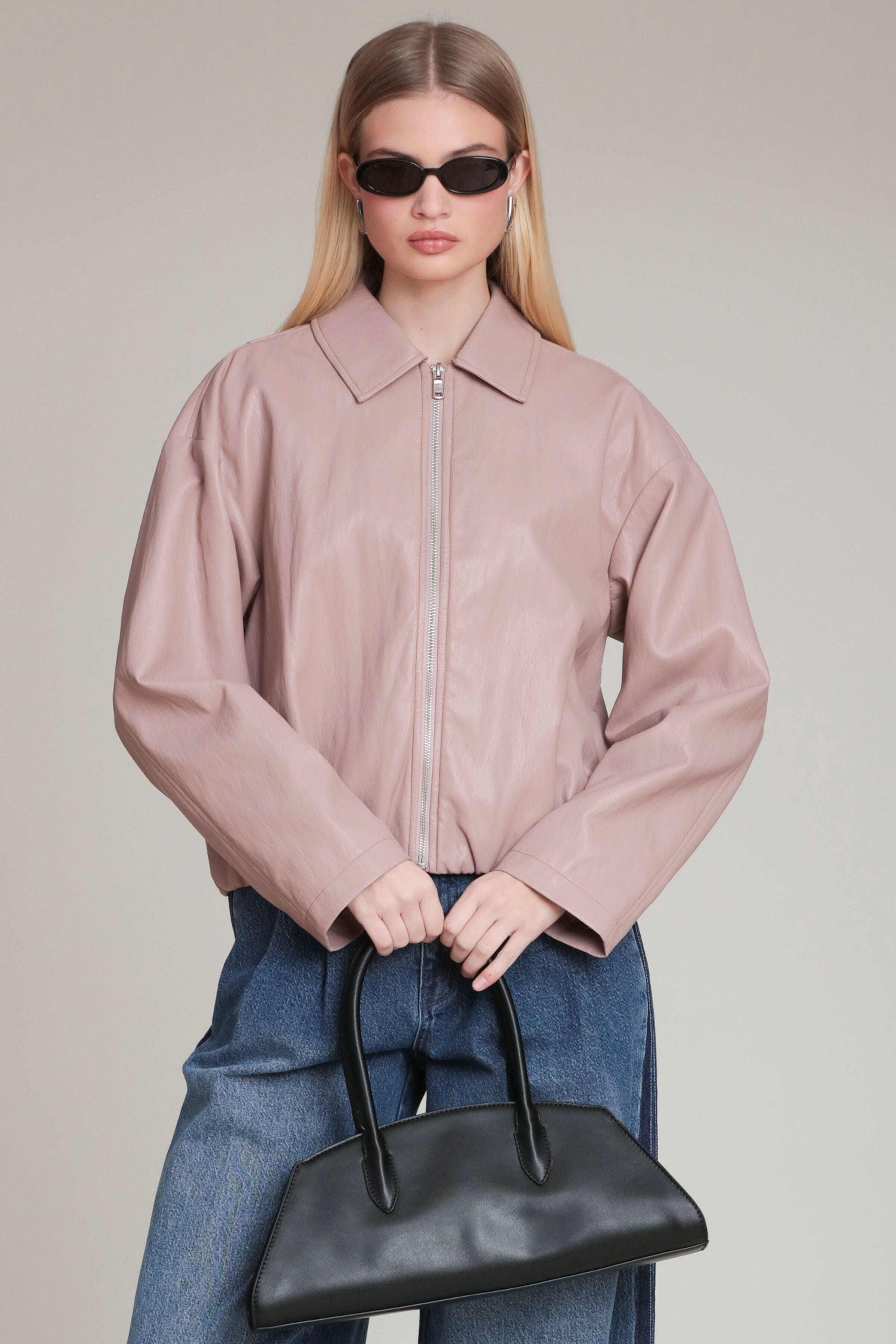 Faux leather minimalist pink bomber jacket with a classic point collar and front zip - Shop women's designer coats & jackets by Avec Les Filles