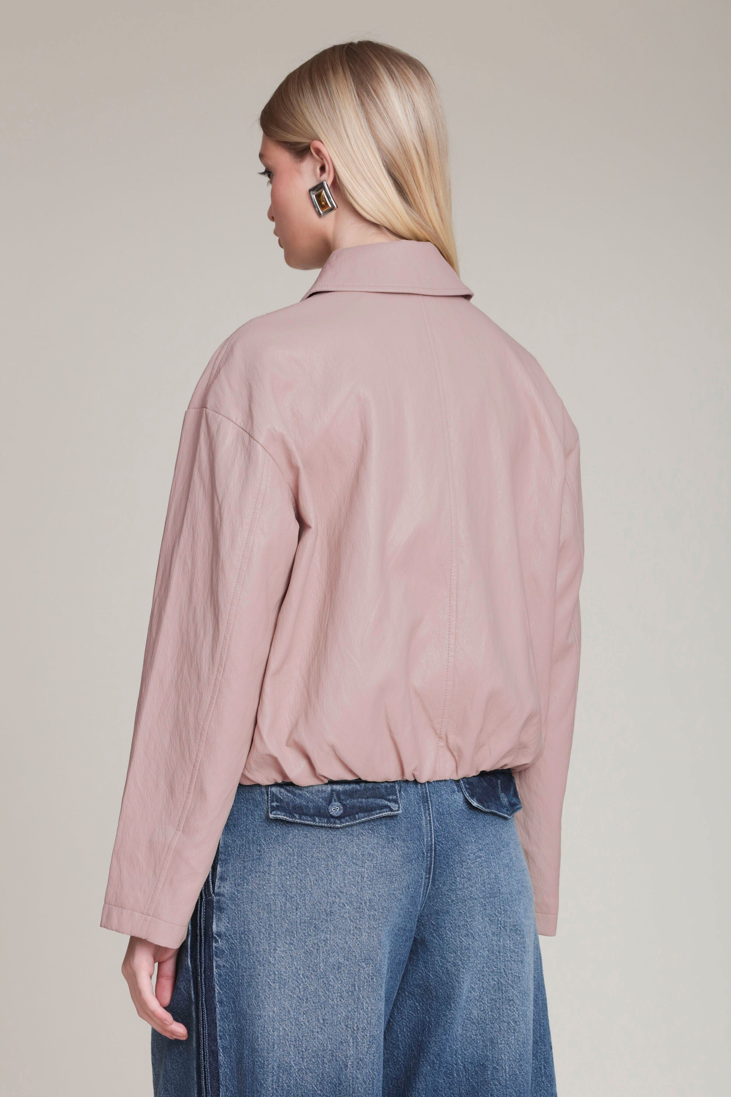 Faux leather minimalist pink bomber jacket with a point collar and front zip - Women's coats & jackets by Avec Les Filles