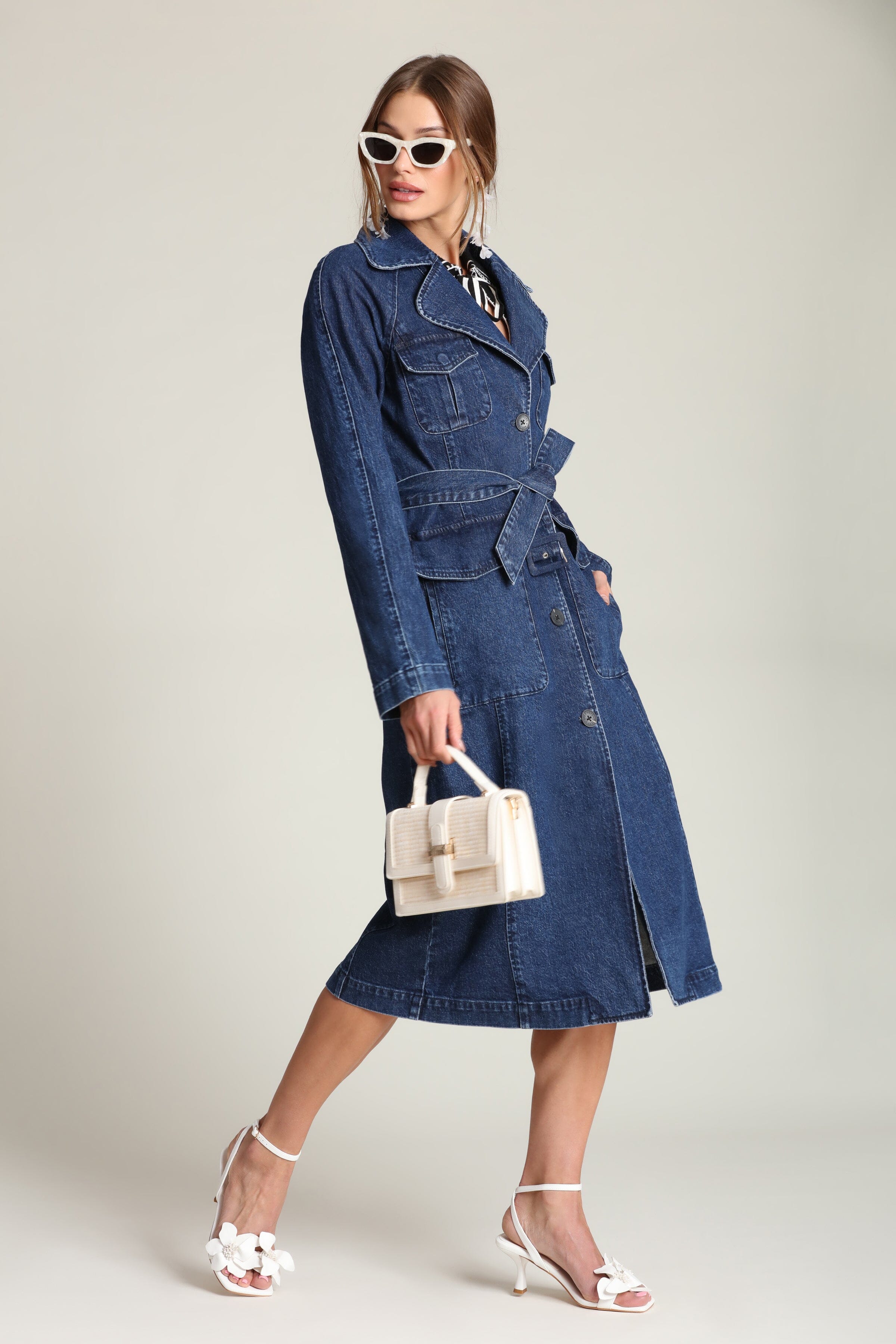 Denim utility button-front cotton Indigo blue trench coat with long raglan sleeves and removable self-tie belt - Shop designer women's trench coats by Avec Les Filles