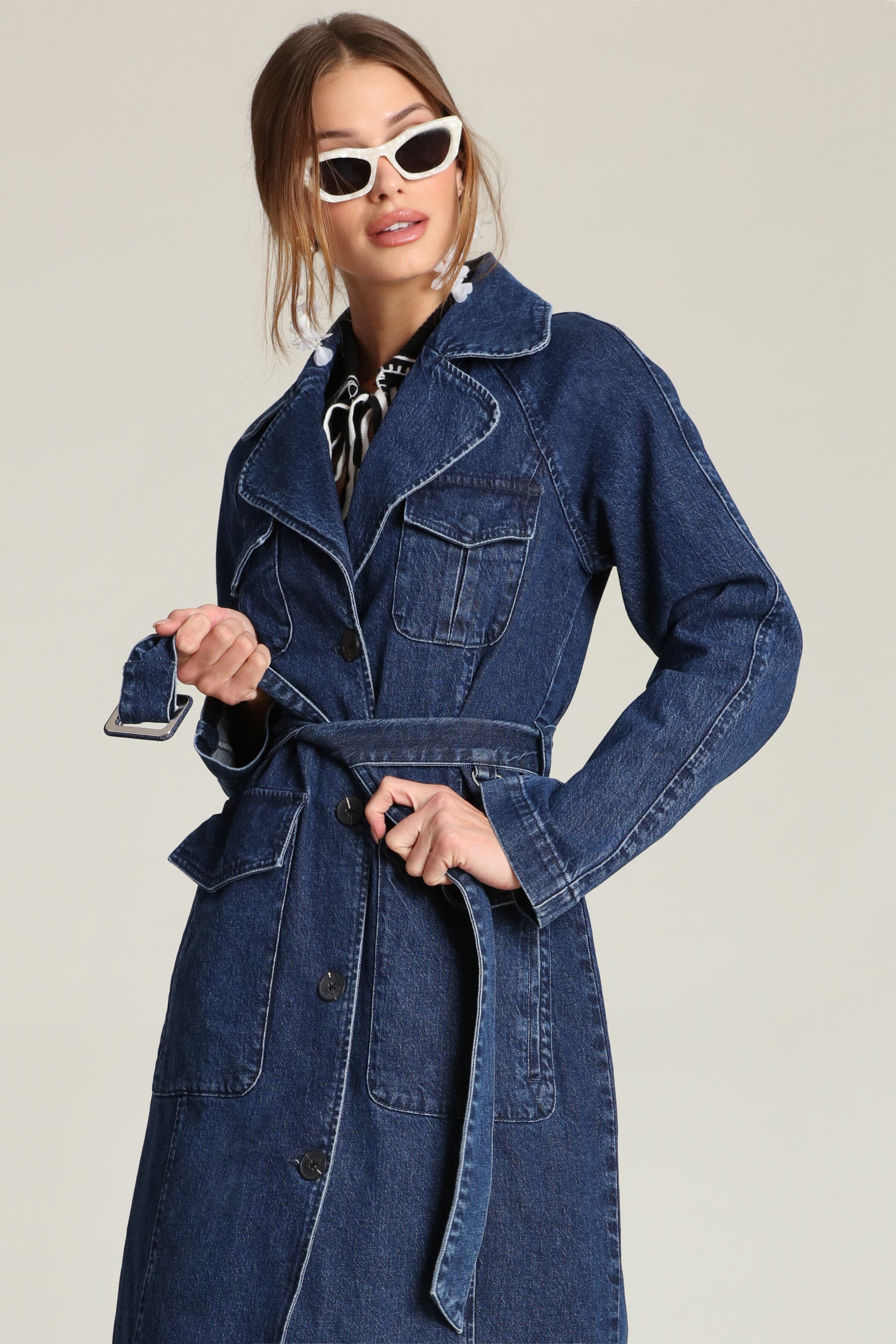 Denim utility button-front cotton indigo blue trench coat with long raglan sleeves and removable self-tie belt - Shop designer women's trench coats by Avec Les Filles