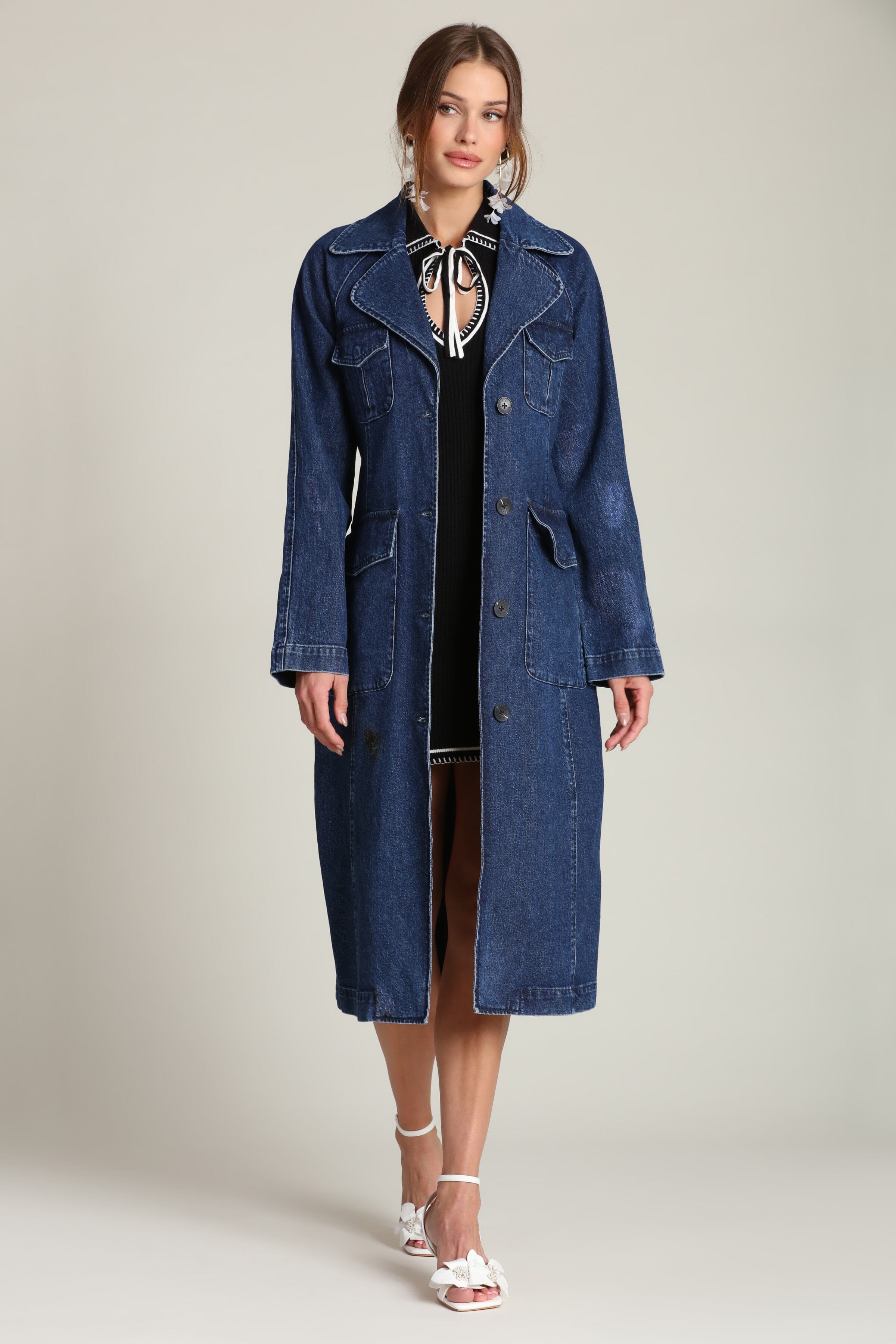 Denim utility button-front cotton blue trench coat with long raglan sleeves and removable self-tie belt - Shop designer women's trench coats by Avec Les Filles