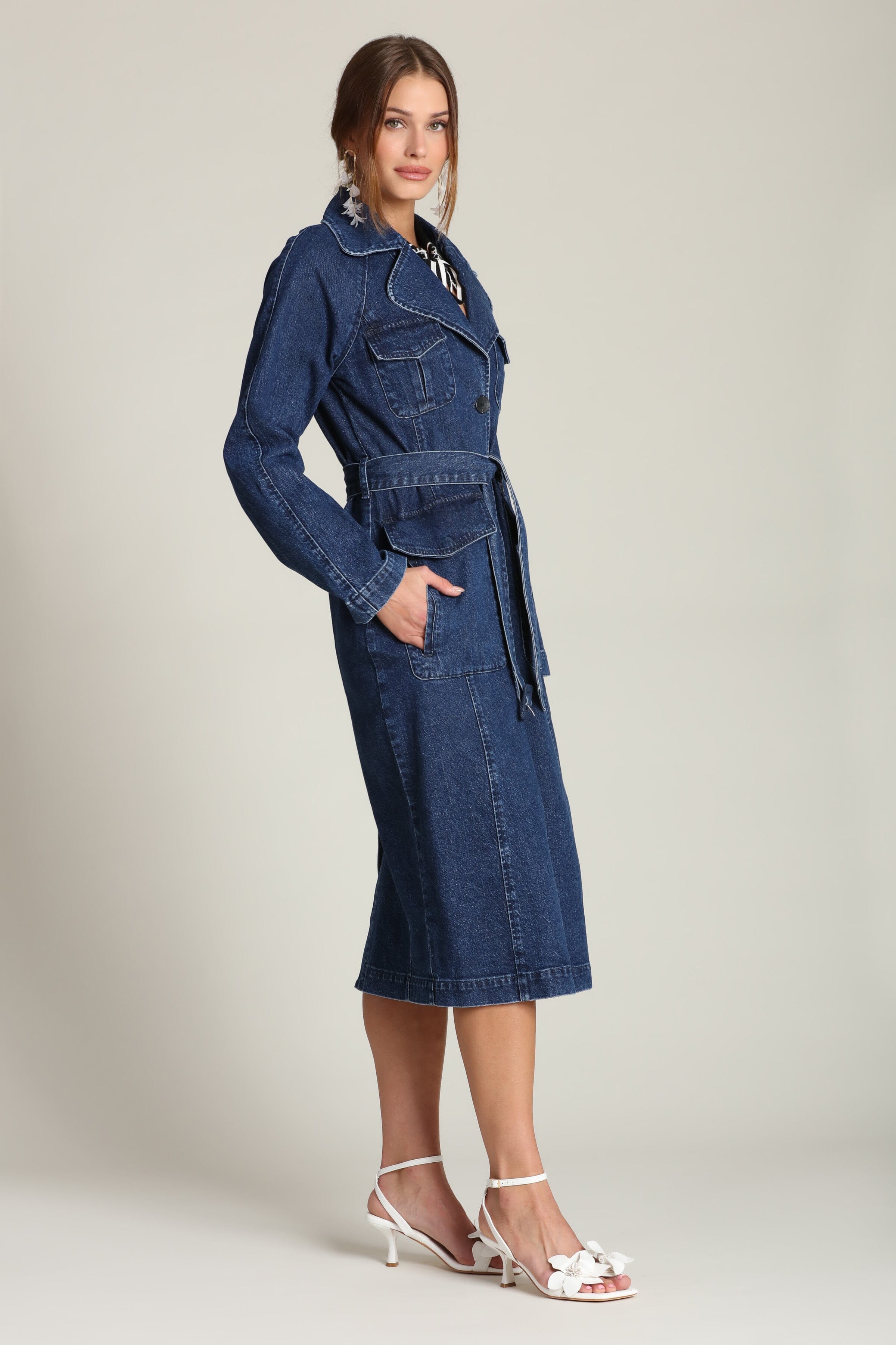 Denim utility button-front cotton blue trench coat with long raglan sleeves and removable self-tie belt - Shop designer women's trench coats by Avec Les Filles