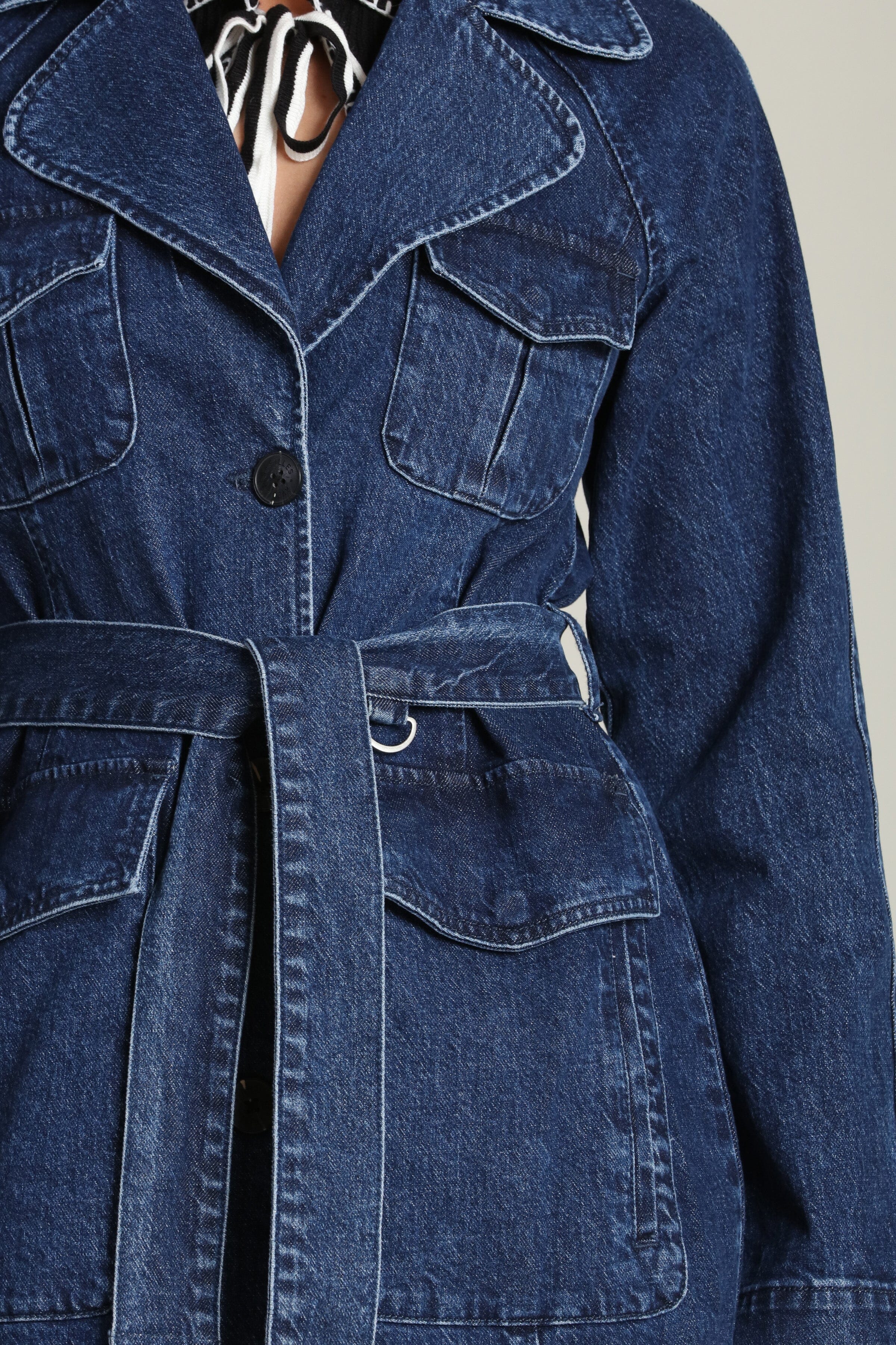 Denim utility button-front cotton blue trench coat with long raglan sleeves and removable self-tie belt - Shop designer women's trench coats by Avec Les Filles