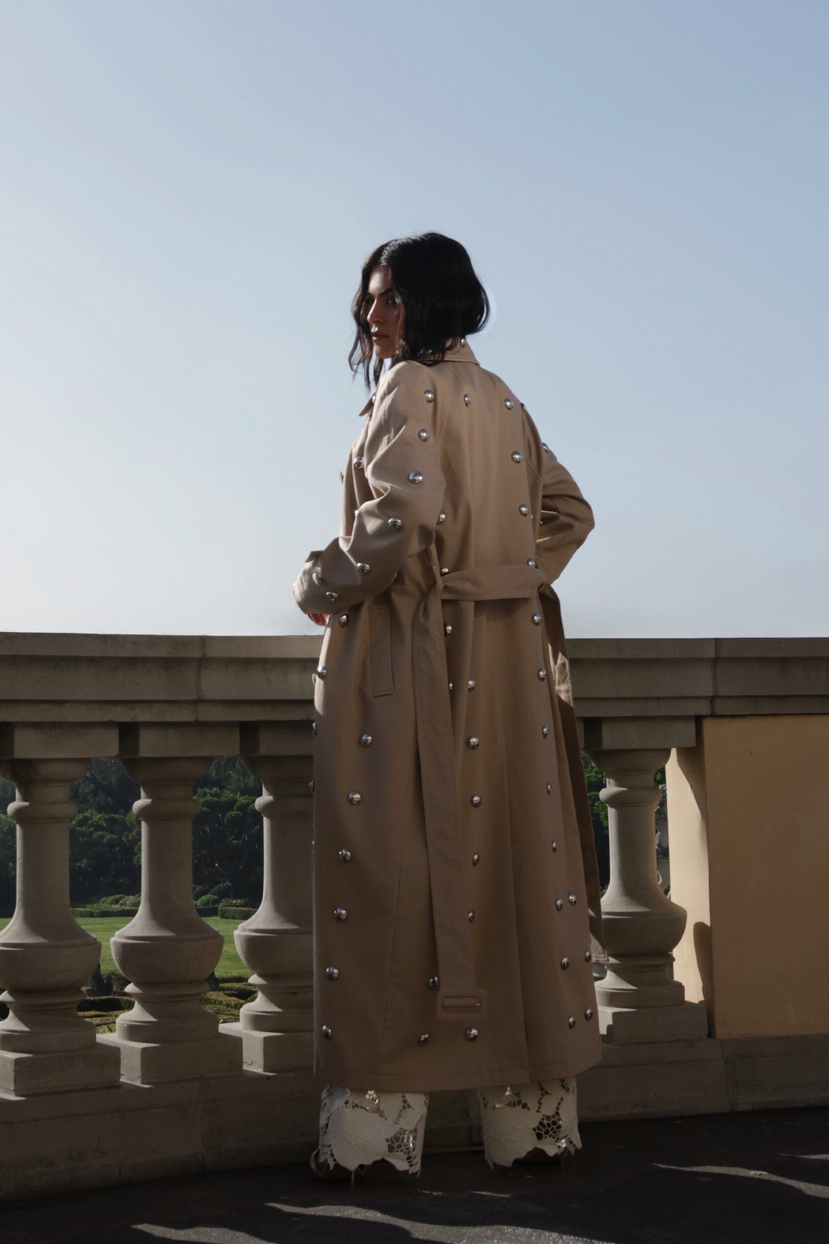 Cotton-blend beige maxi trench coat with an adjustable belt by Avec Les Filles