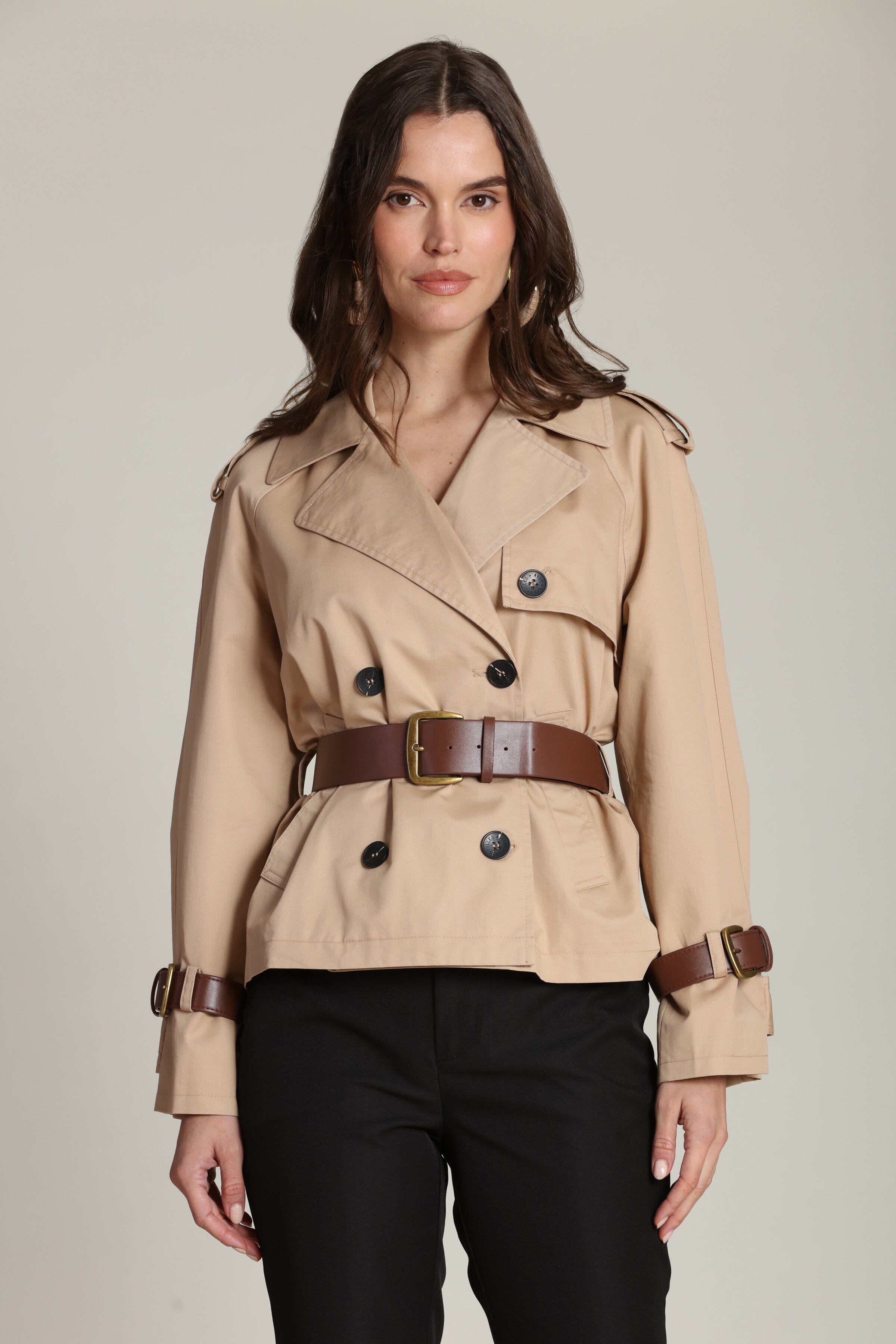 Cotton double-breasted beige trench coat with a button front and removable faux leather belt by Avec Les Filles