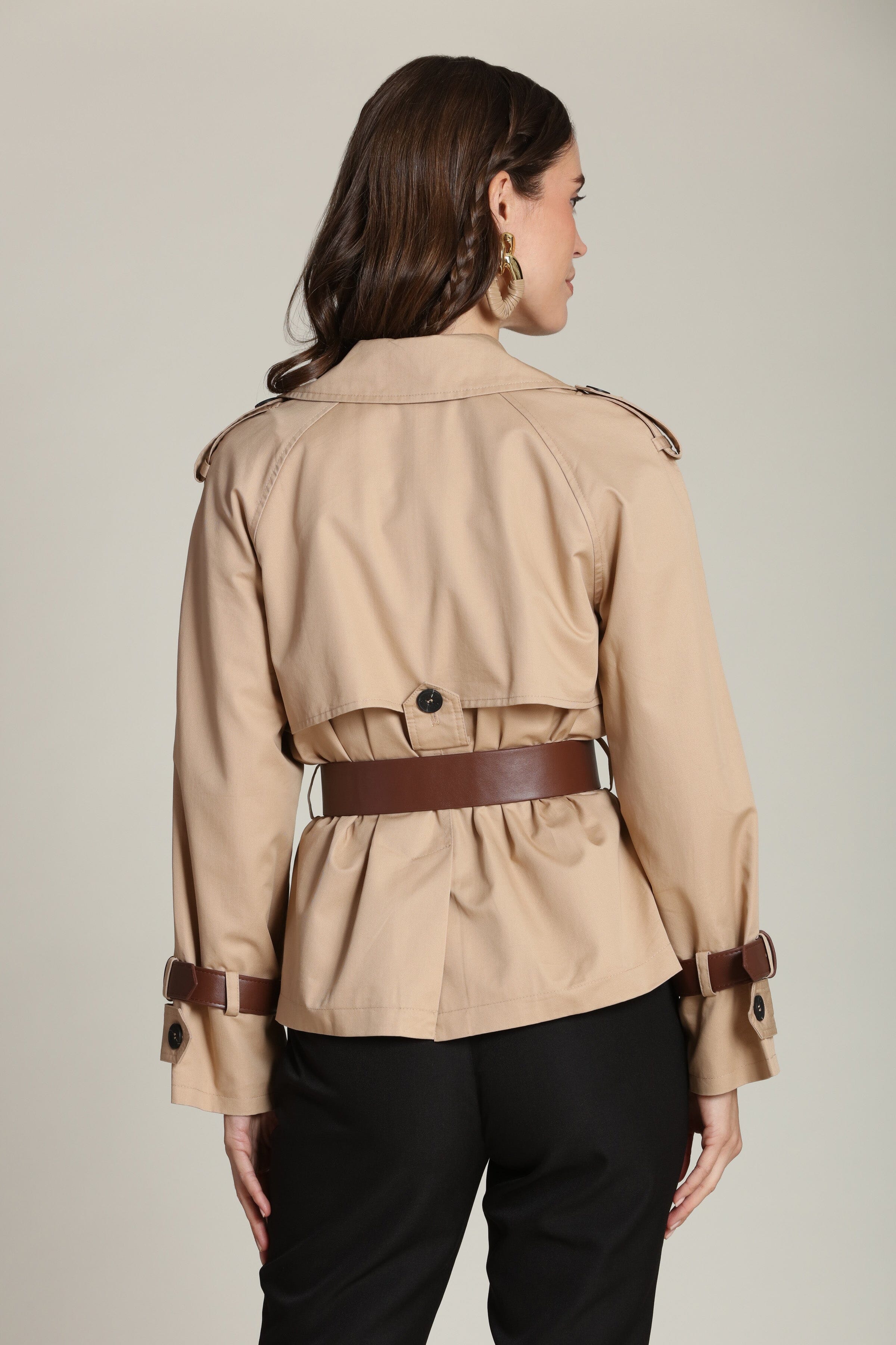 Cropped cotton double-breasted beige trench coat with removable faux leather belt by Avec Les Filles