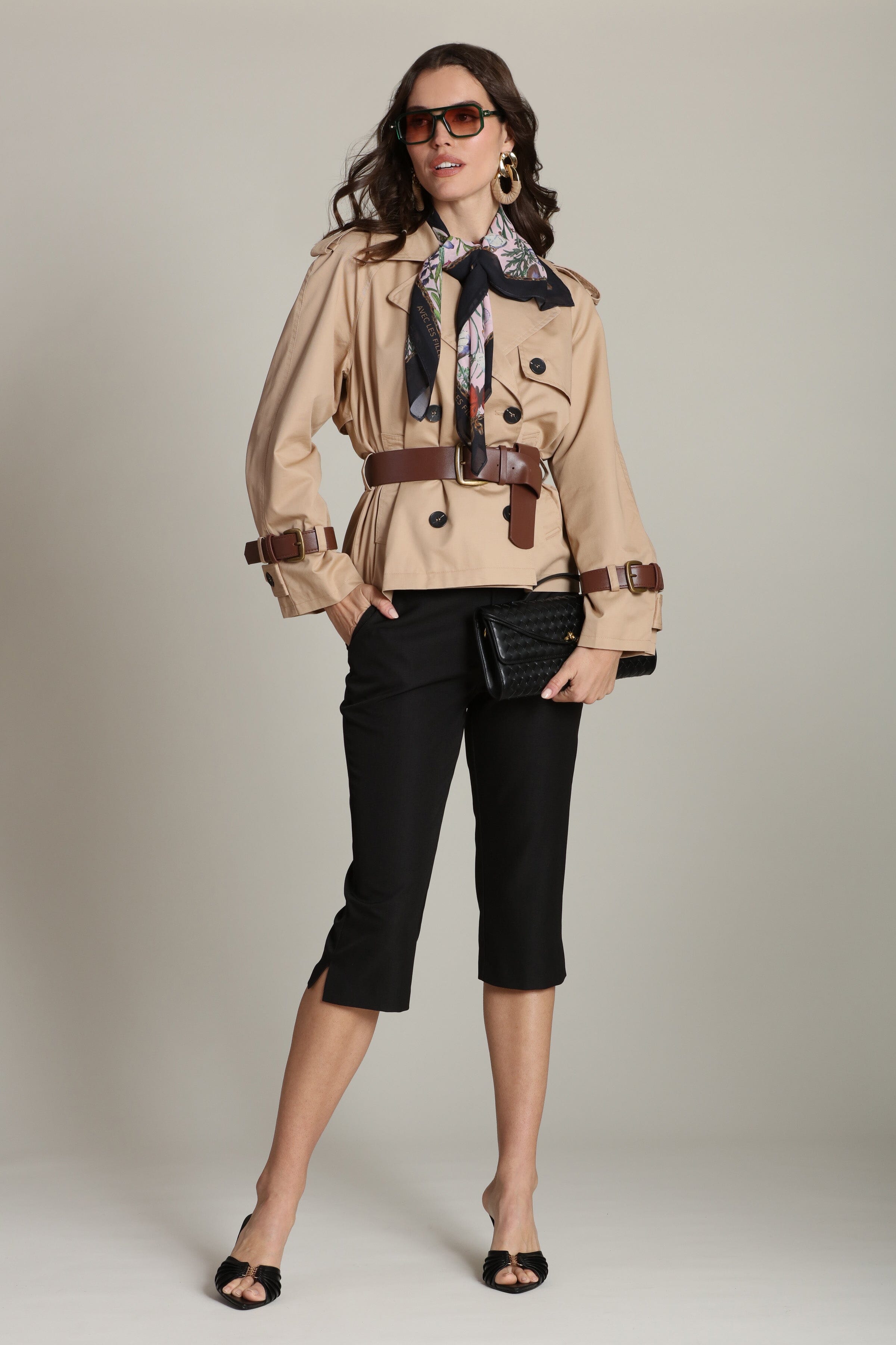 Cropped beige cotton trench coat with belt and button front - Women's cute trench coats by Avec Les Filles