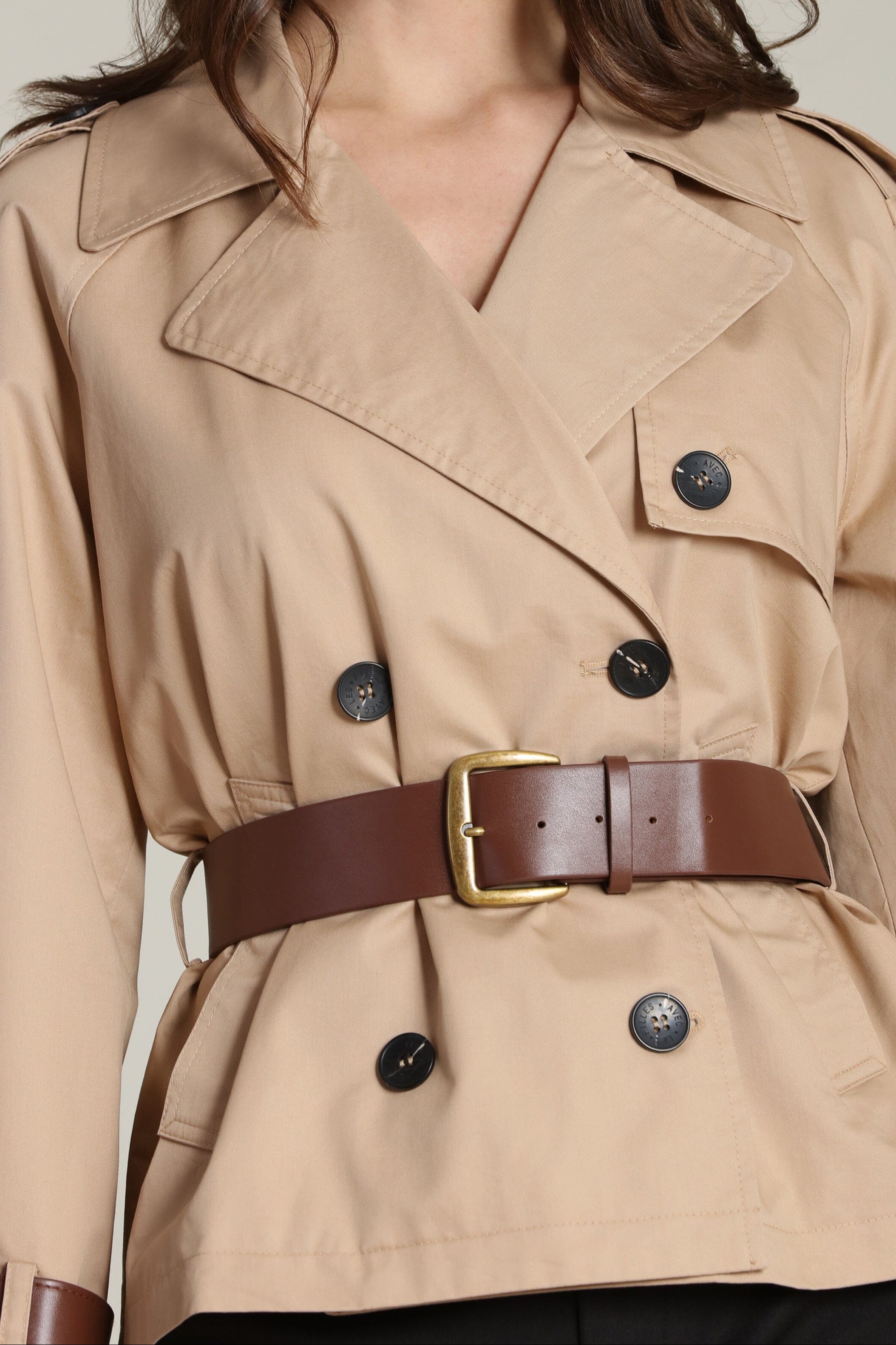 Cropped cotton beige trench jacket coat with a removable faux leather belt - Shop designer trench coats by Avec Les Filles