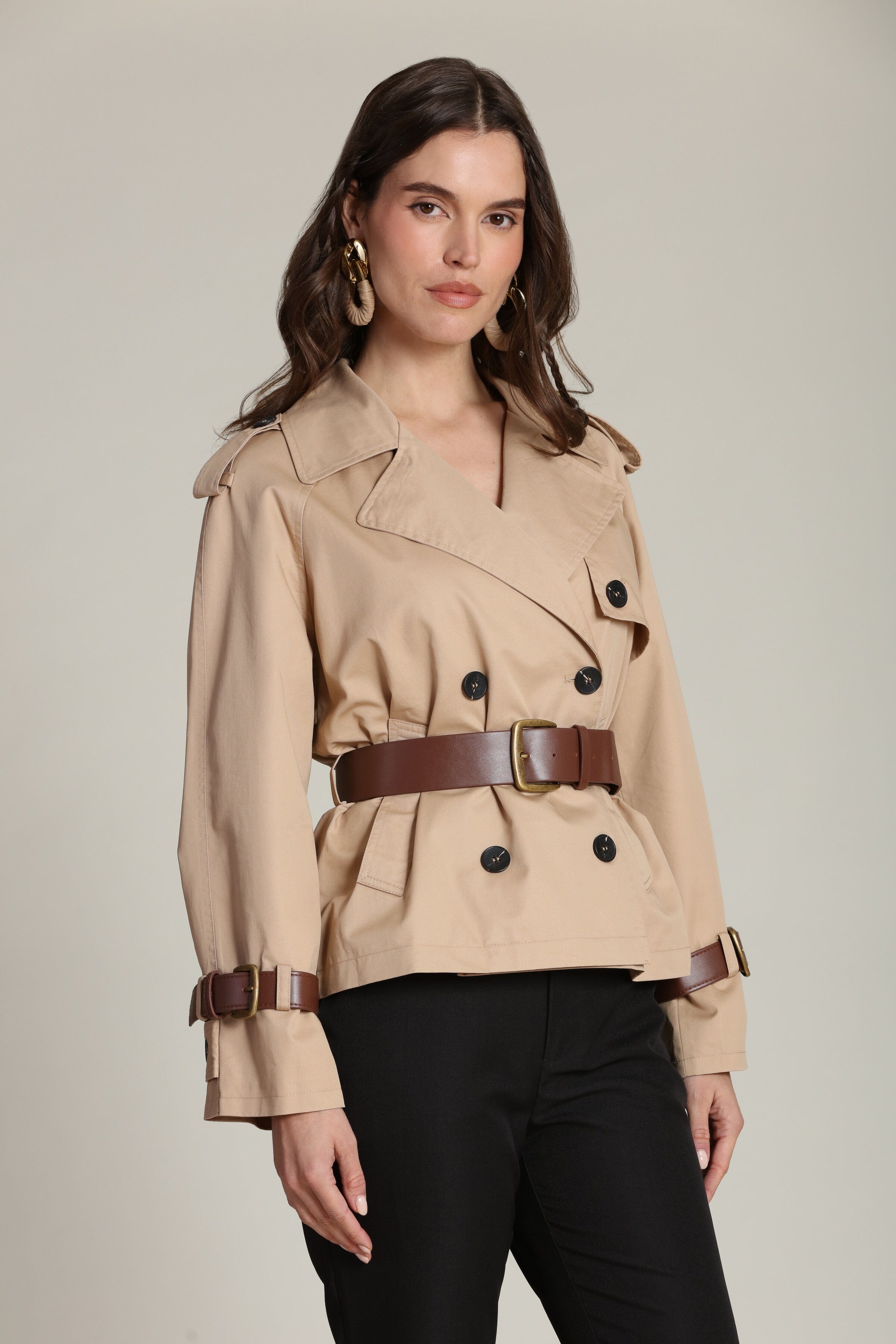 Cropped cotton double-breasted beige trench coat with belt - Shop cute women’s trench coats by Avec Les Filles