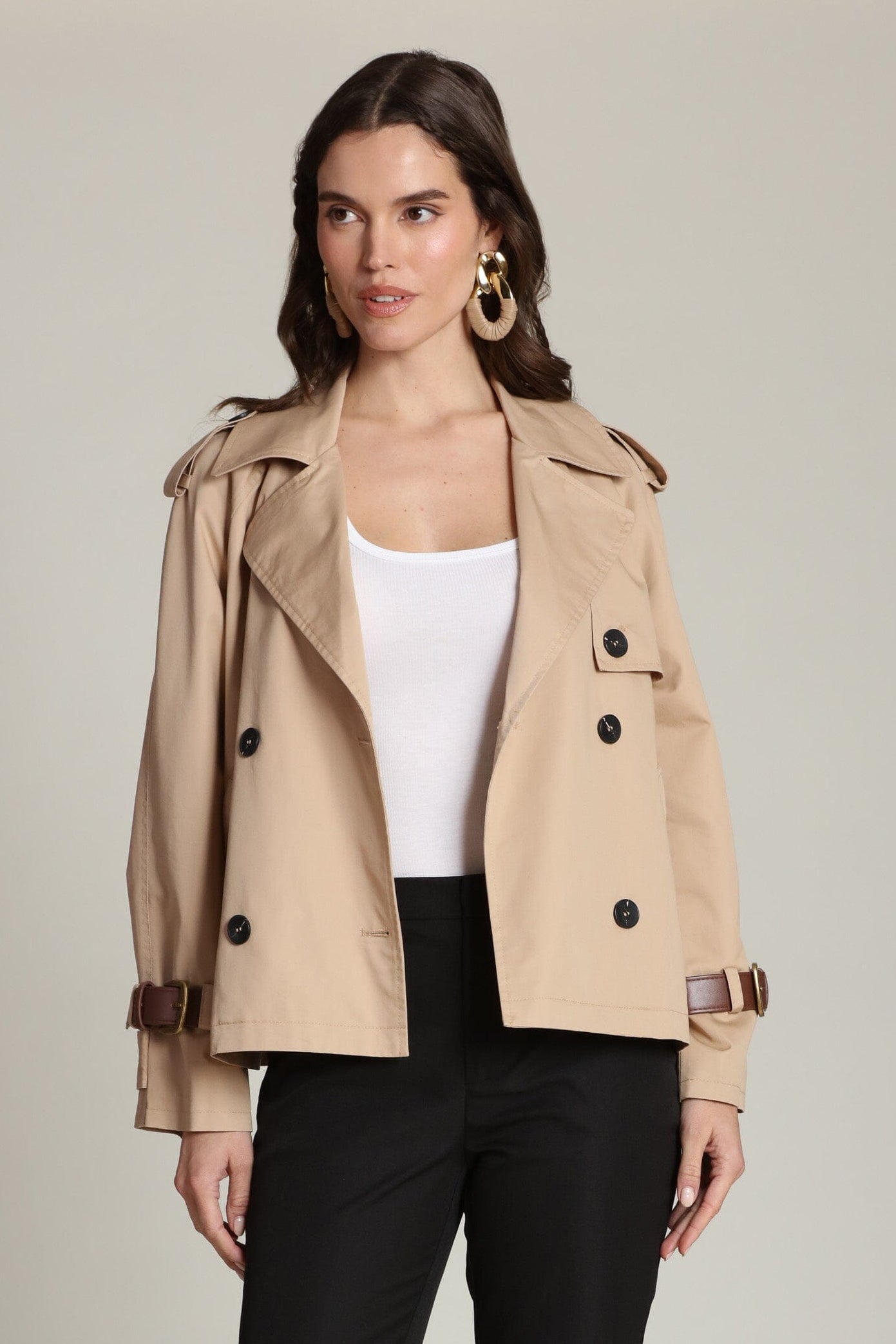 Cropped cotton double-breasted beige trench jacket coat with a button front - women’s trench coats by Avec Les Filles