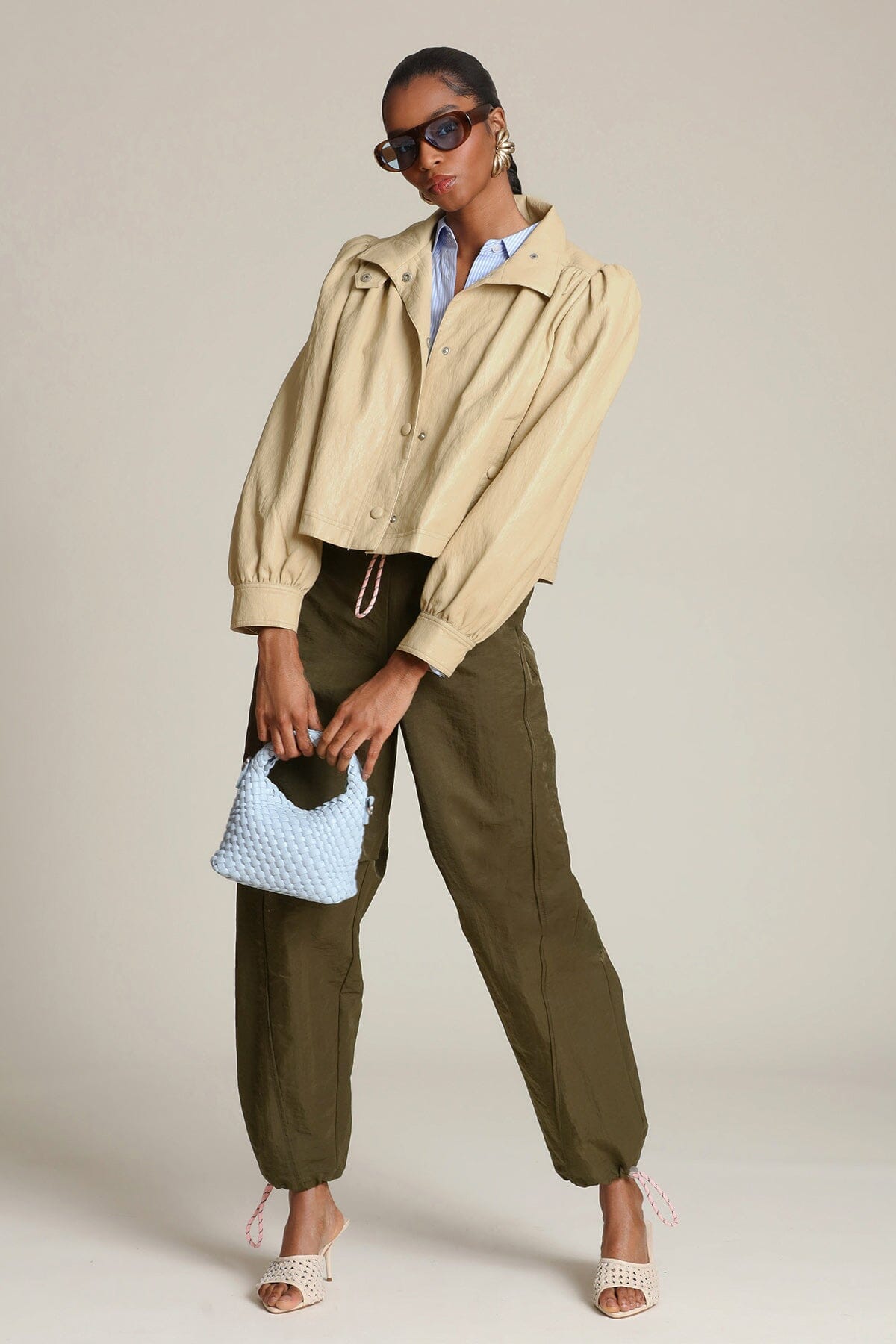 Faux leather snap-front ochre beige jacket with puff long sleeves and high stand collar - Shop designer women's jackets by Avec Les Filles