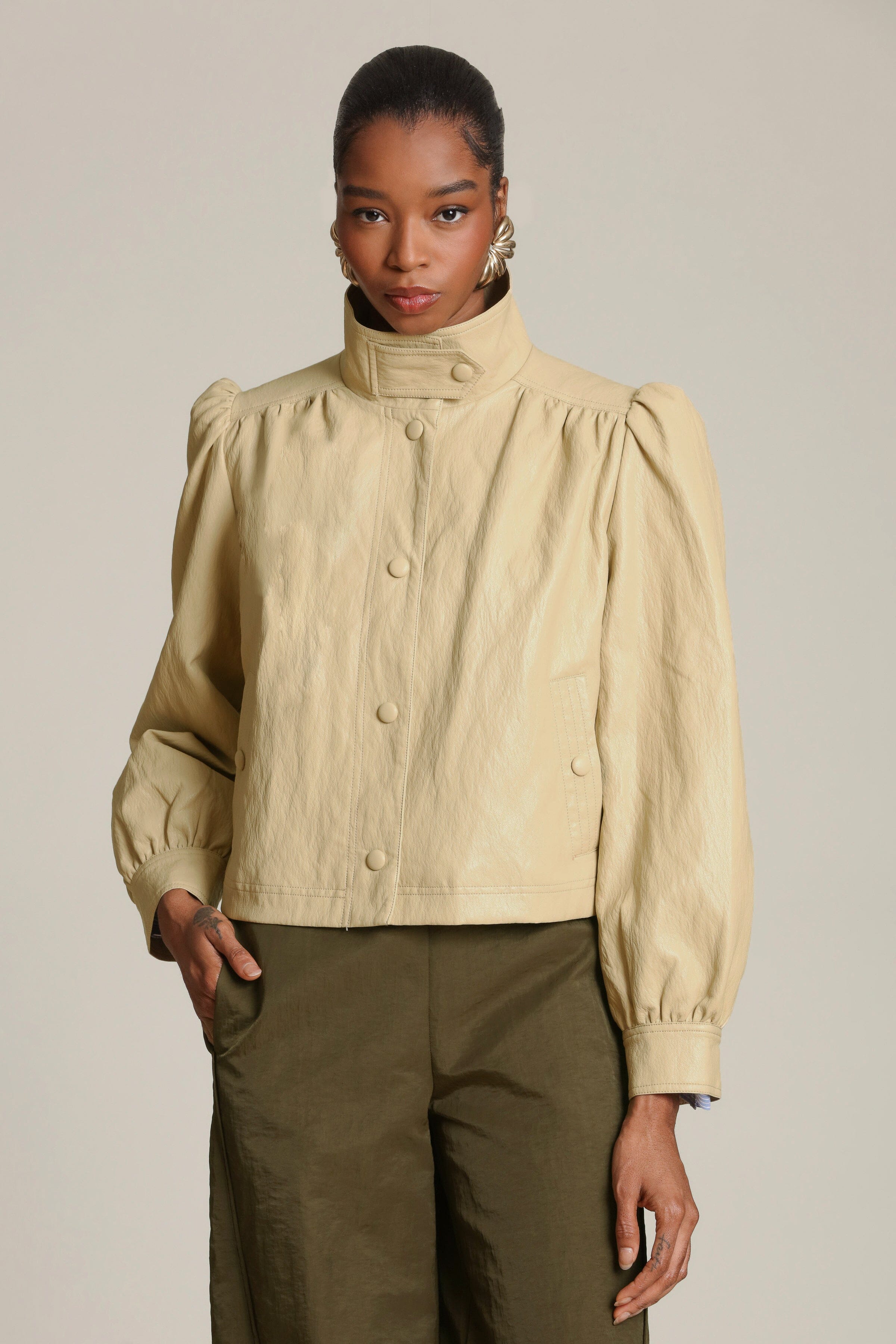 Faux leather snap-front ochre beige jacket with puff long sleeves and high stand collar - Shop designer women's jackets by Avec Les Filles