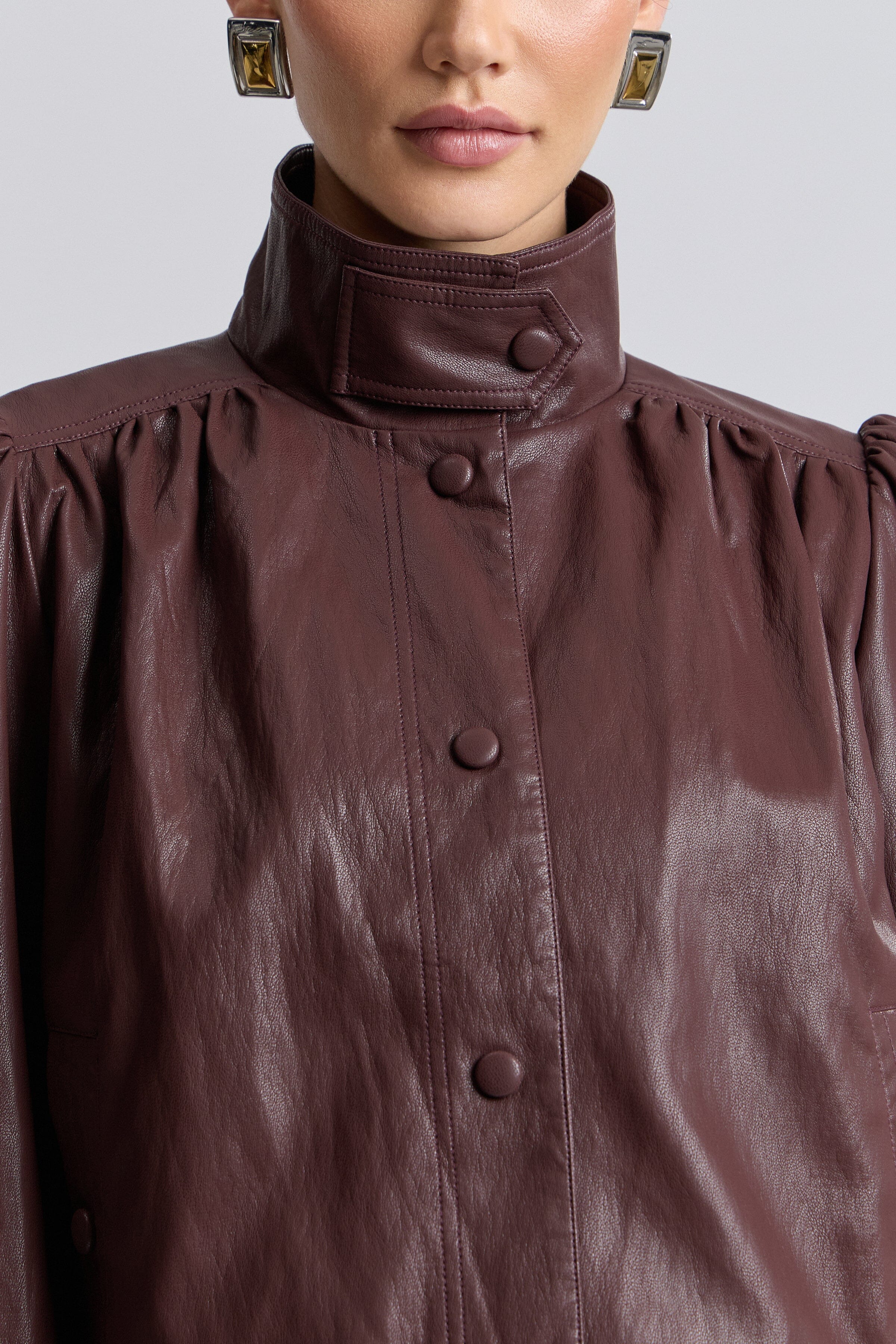 Puff-sleeve faux leather brown cropped jacket womens with stand collar - Shop cute jackets by Avec Les Filles.