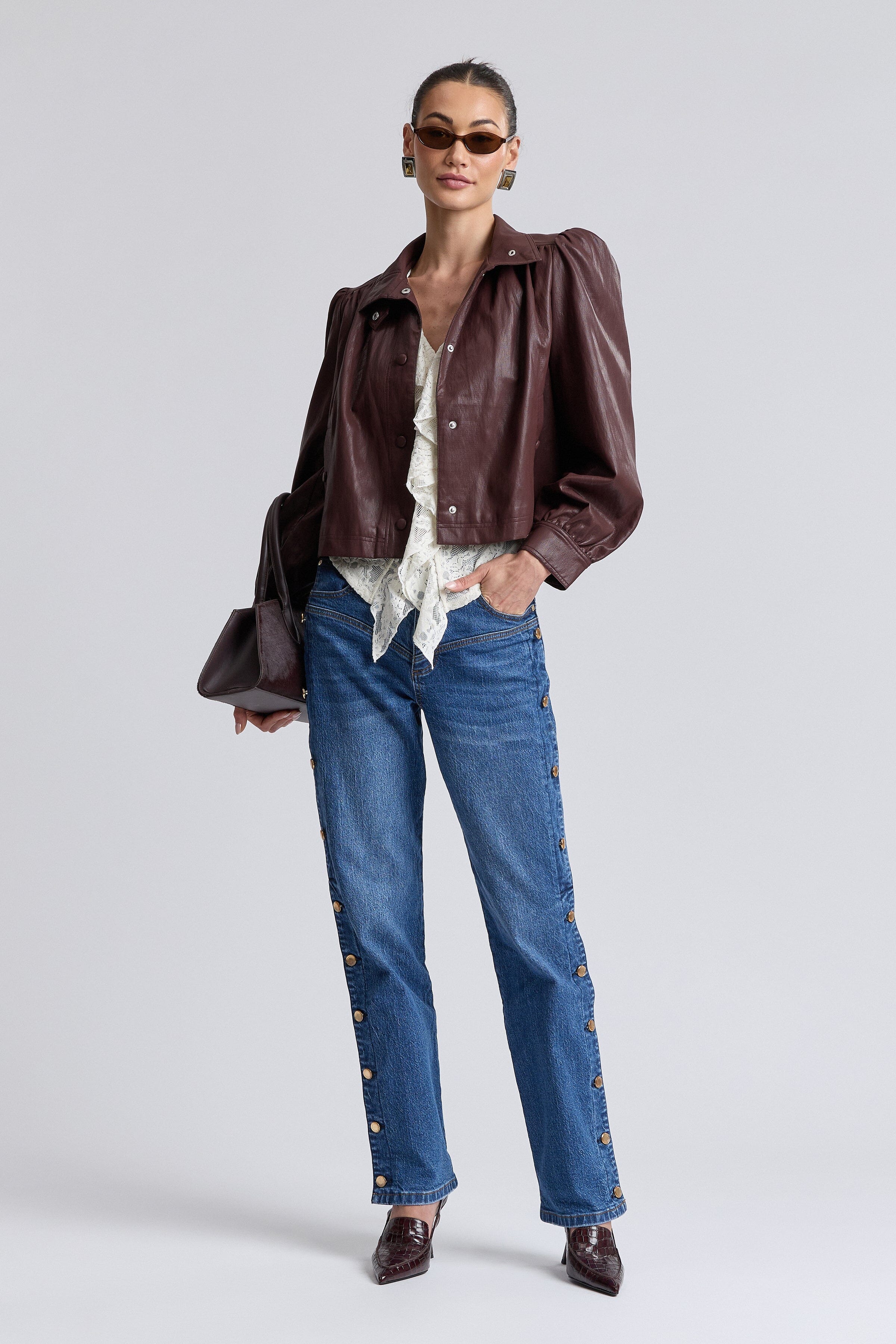 women's faux leather jacket brown with long puff sleeves - Shop cute cropped jackets by Avec Les Filles.