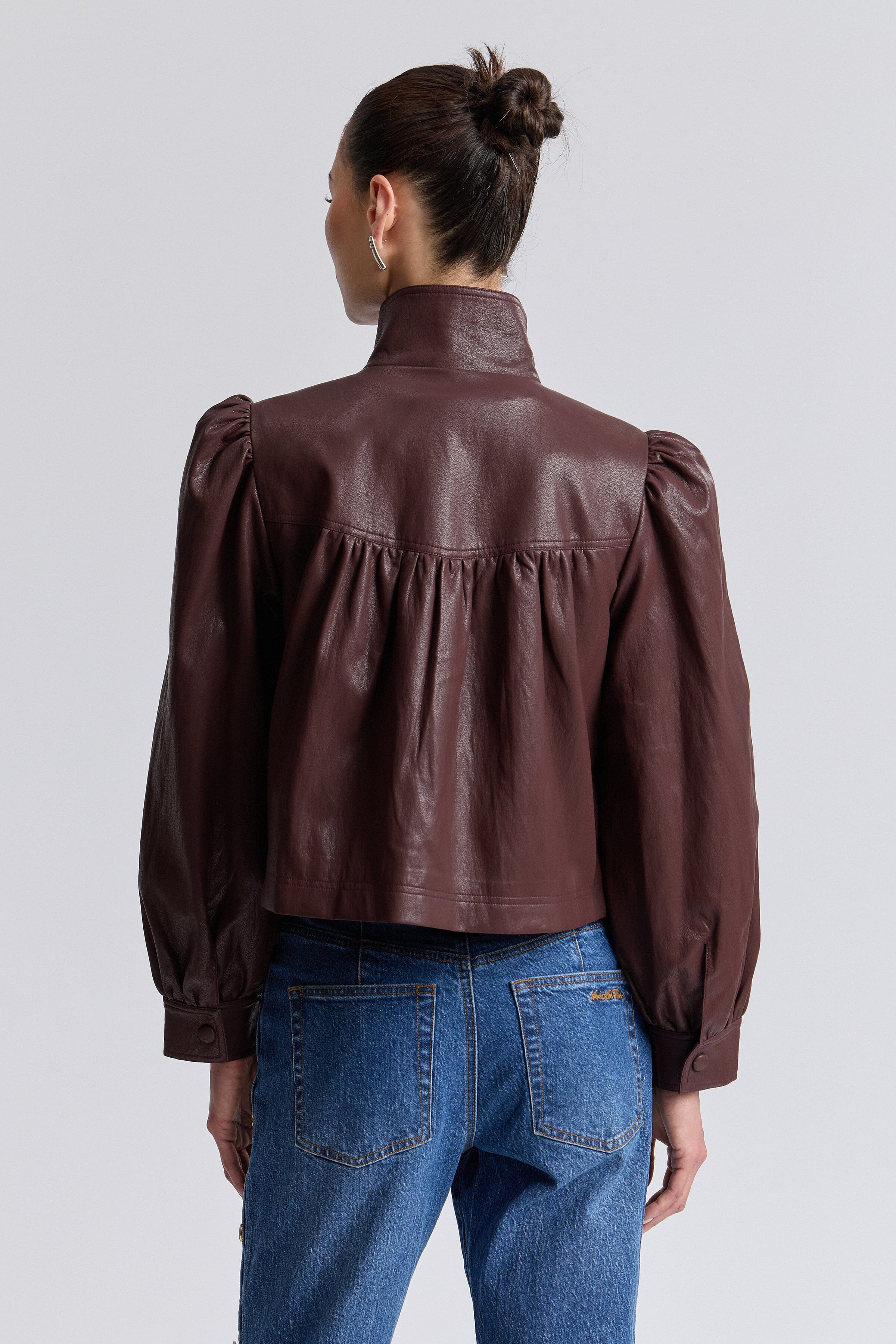 Puff-sleeve brown faux leather crop jacket - Shop women's cute cropped jackets by Avec Les Filles.
