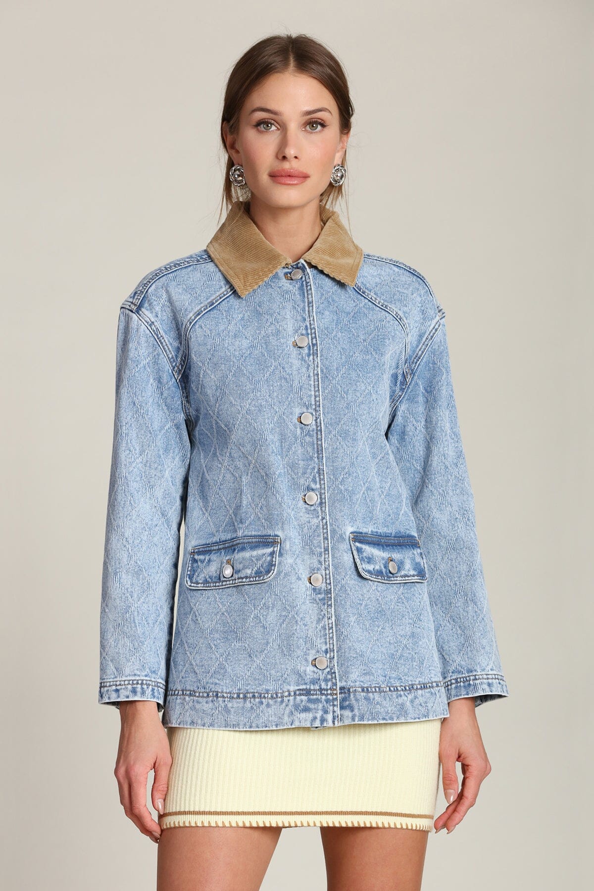 Diamond quilted cotton blend denim button-front barn blue jacket with long sleeves and dropped shoulders - Shop designer women's denim jackets by Avec Les Filles