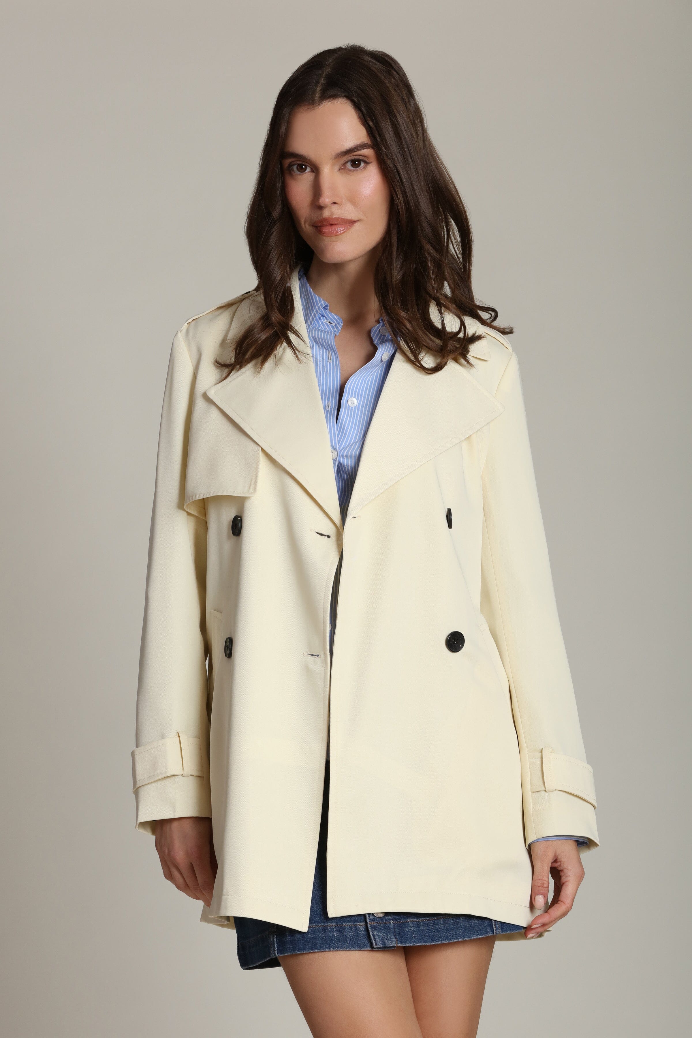 Sandstone double-breasted front trench coat with an adjustable self-tie belt and long sleeves - Shop designer trench coats by Avec Les Filles