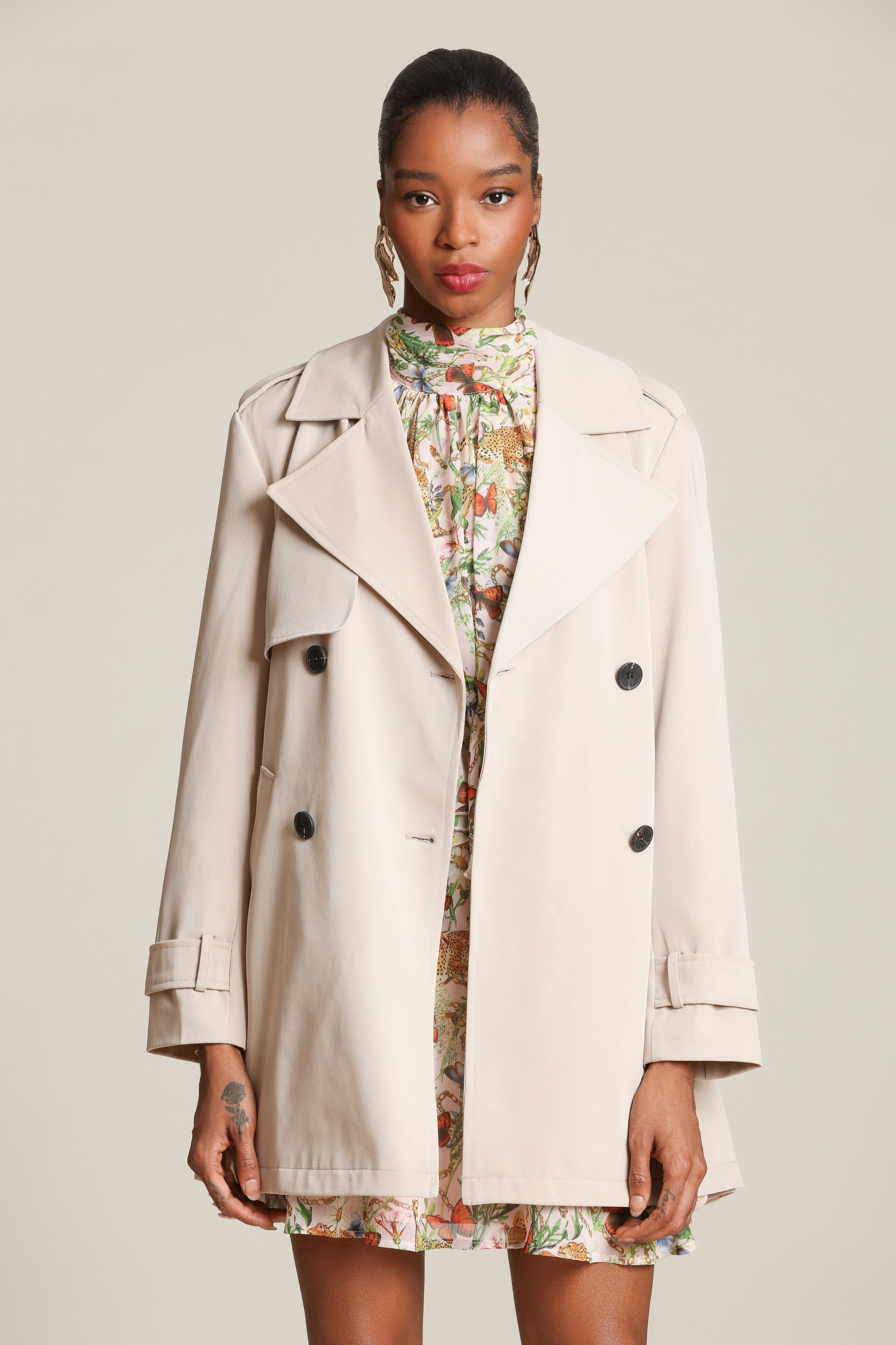 Sandstone double-breasted front trench coat with an adjustable self-tie belt and long sleeves - Shop designer trench coats by Avec Les Filles