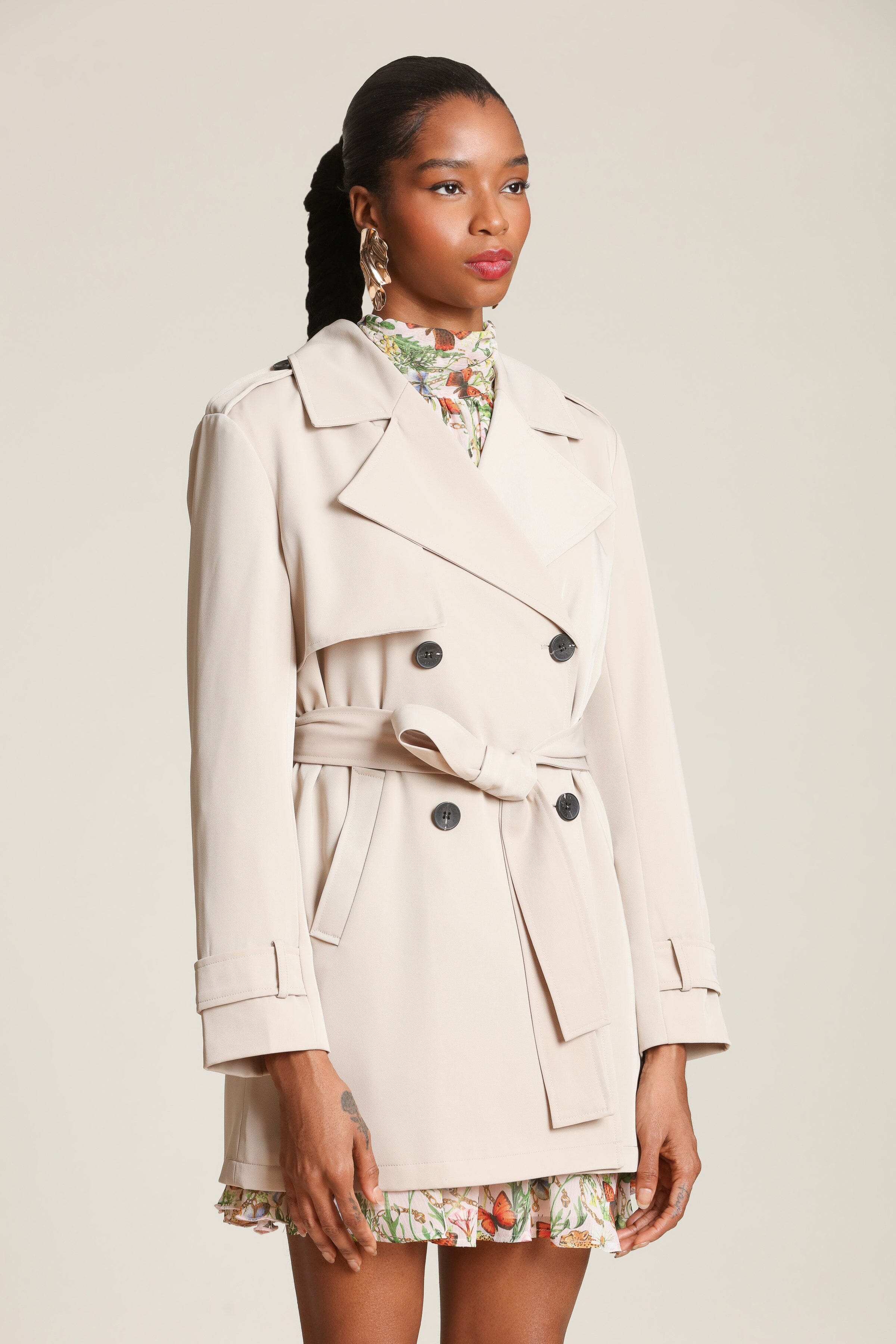 Sandstone double-breasted front trench coat with an adjustable self-tie belt and long sleeves - Shop designer trench coats by Avec Les Filles