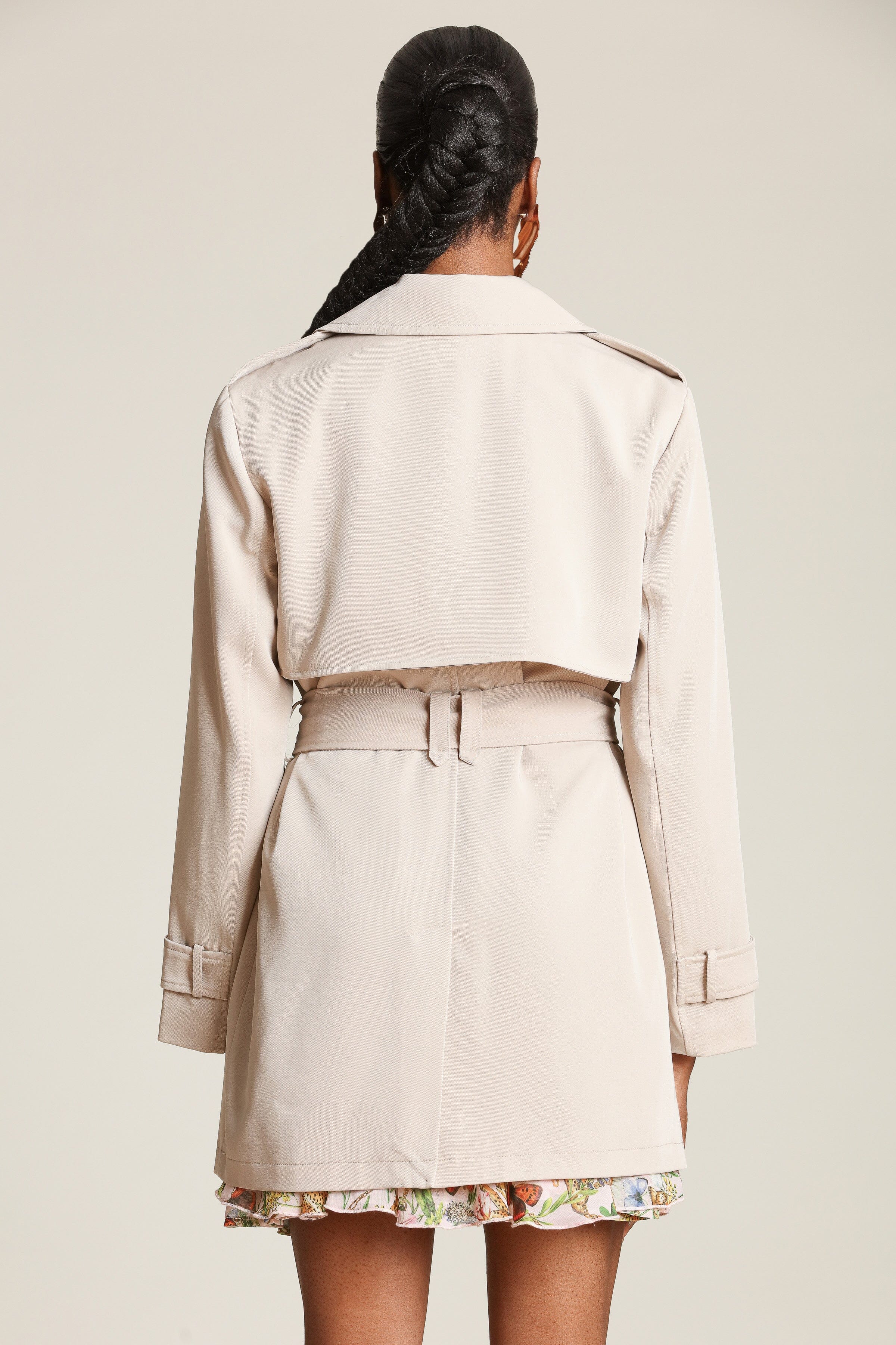 Sandstone double-breasted front trench coat with an adjustable self-tie belt and long sleeves - Shop designer trench coats by Avec Les Filles