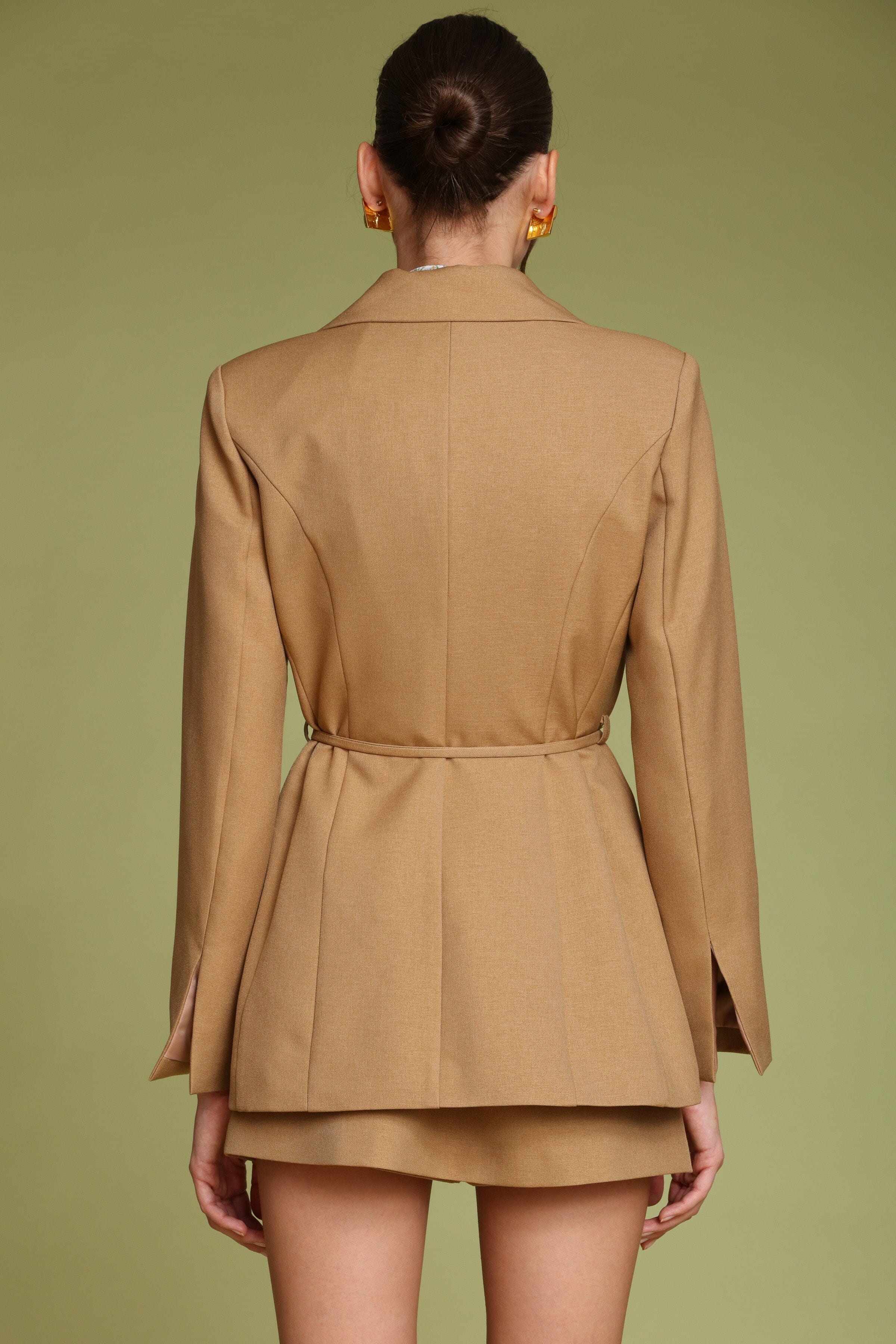 Single-button front camel blazer jacket with long sleeves, a double-lapel, and an adjustable self-tie belt - Shop designer women's blazers by Avec Les Filles