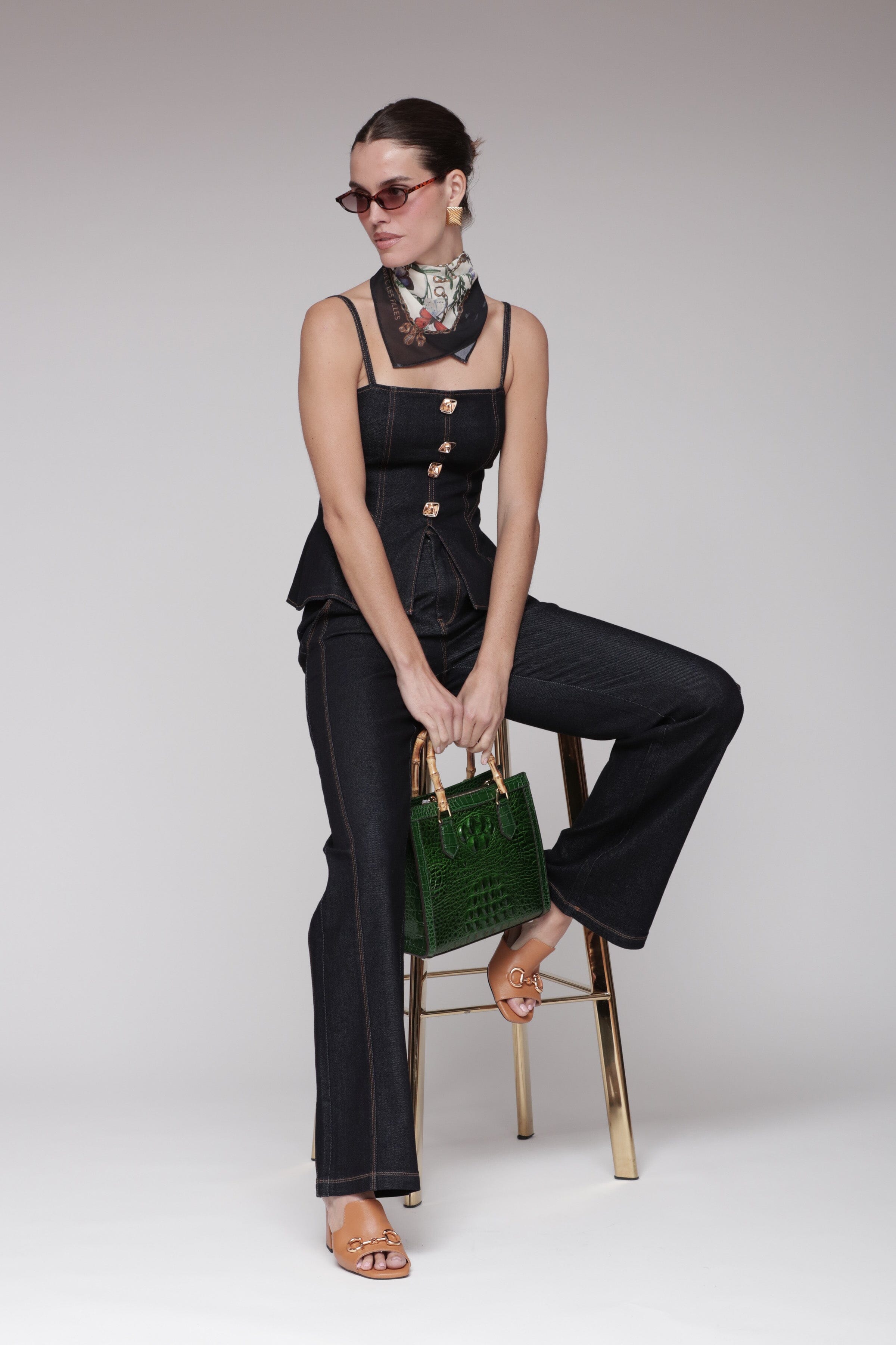 Novelty button denim bustier dark indigo blue top with square neckline, corset-inspired panel and adjustable straps -Shop women's tops by Avec Les Filles