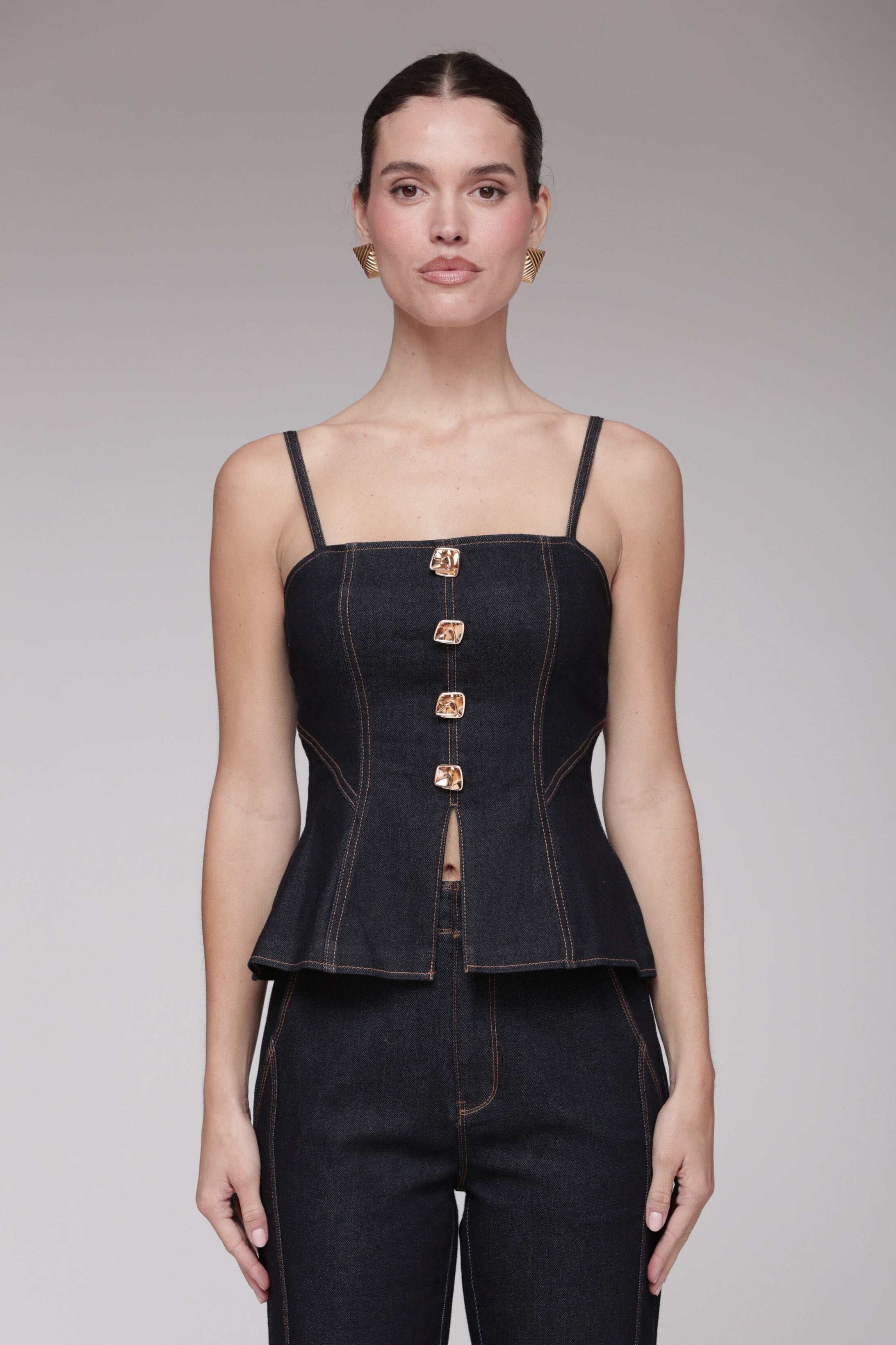Novelty button denim bustier dark indigo blue top with square neckline, corset-inspired panel and adjustable straps -Shop women's tops by Avec Les Filles