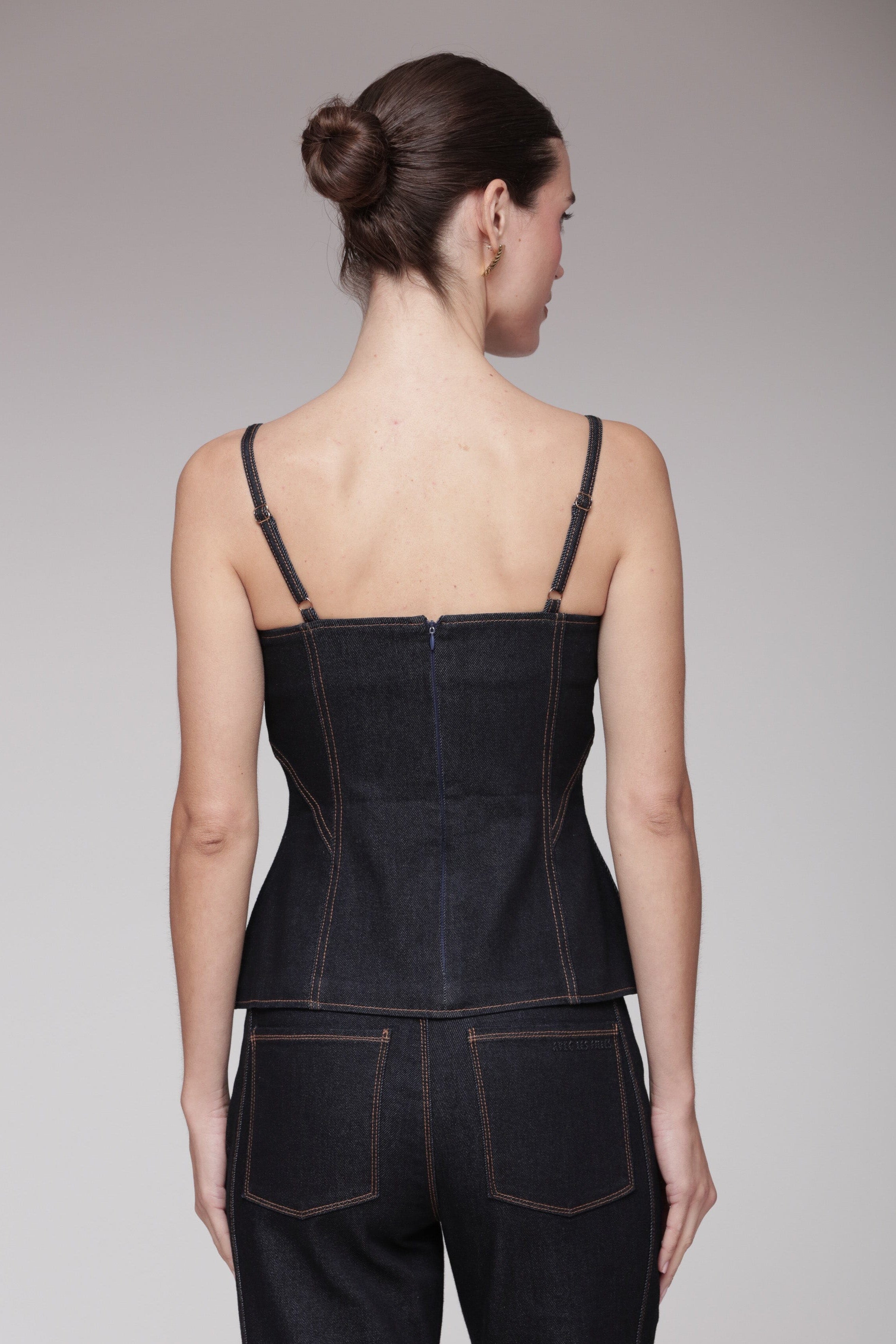 Novelty button denim bustier dark indigo blue top with square neckline, corset-inspired panel and adjustable straps -Shop women's tops by Avec Les Filles