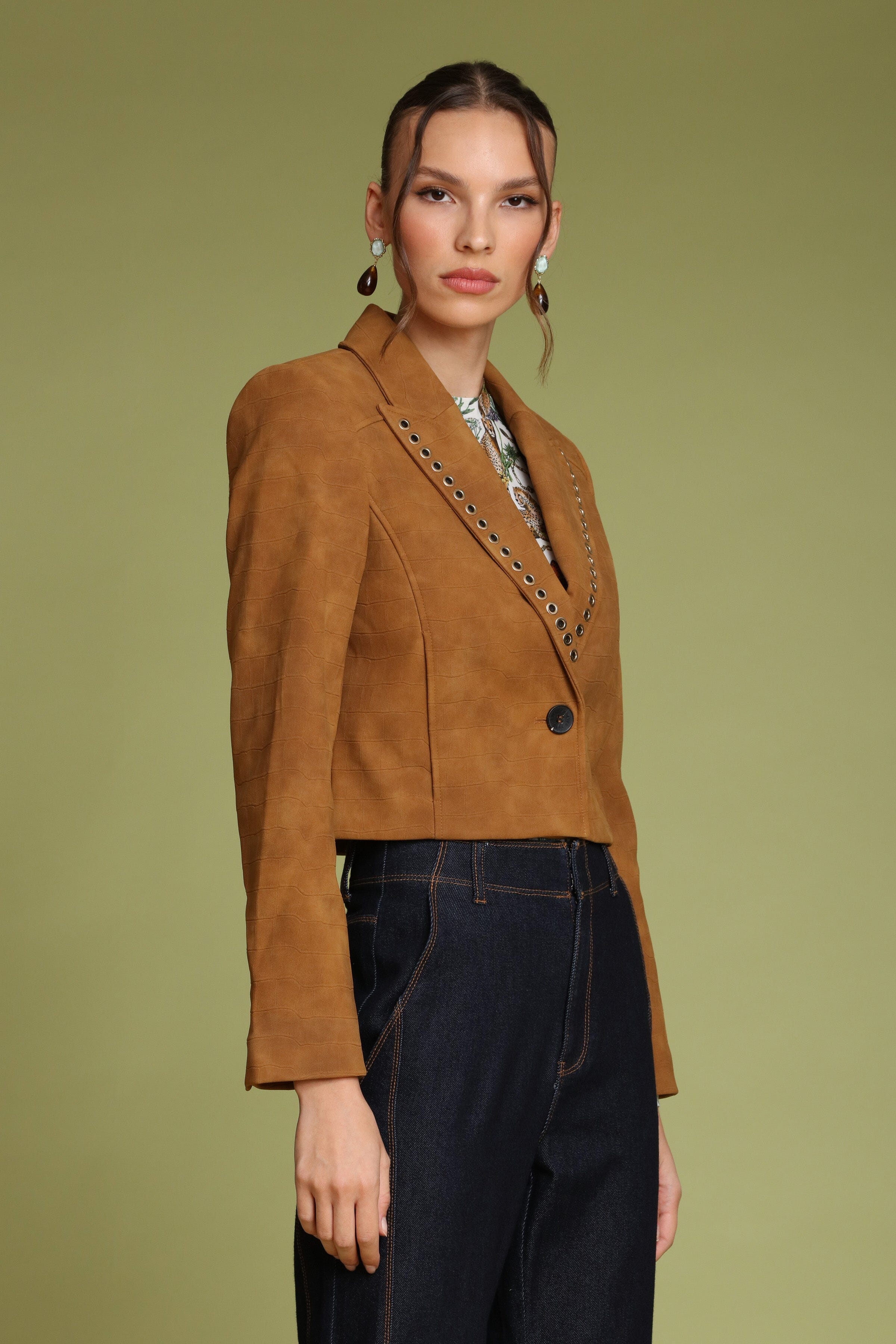 Grommet trim faux croc cropped single-button front brown blazer with notched collar and long sleeves - Shop designer women's blazers by Avec Les Filles