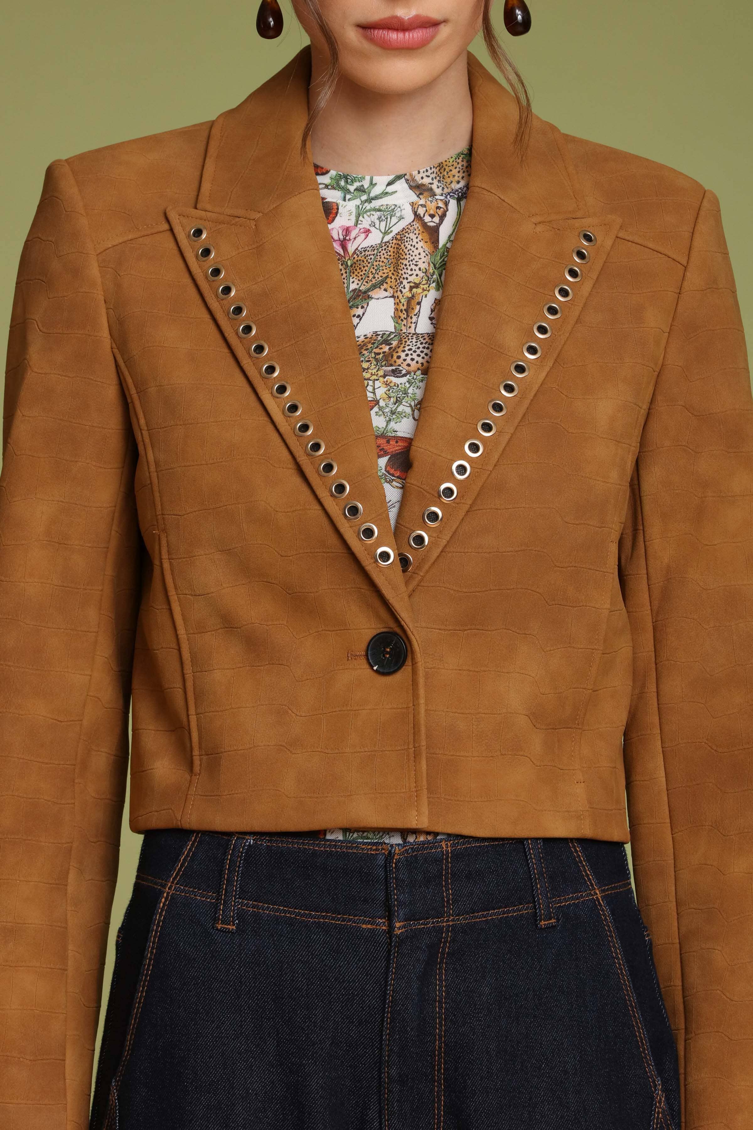 Grommet trim faux croc cropped single-button front brown blazer with notched collar and long sleeves - Shop designer women's blazers by Avec Les Filles