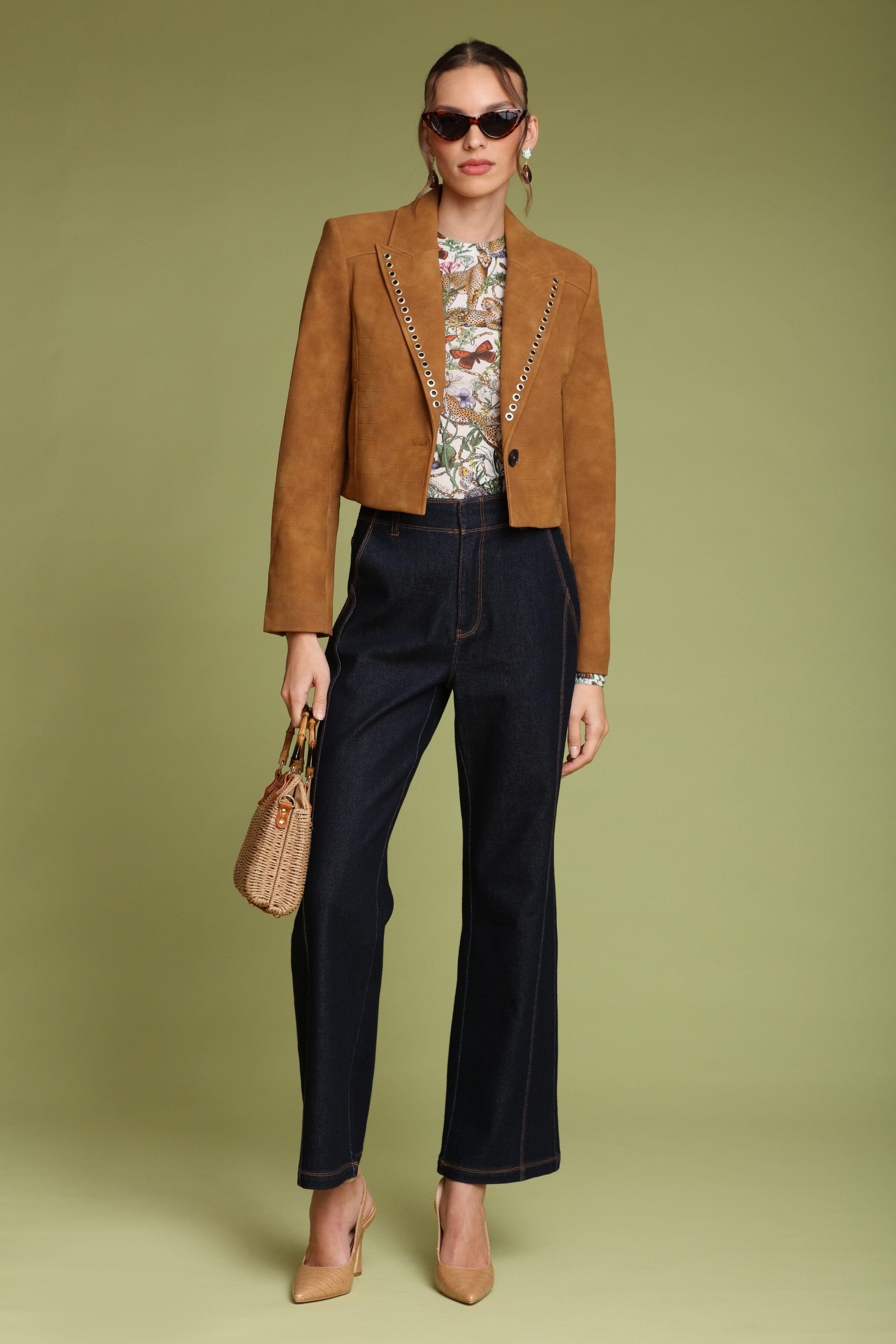 Grommet trim faux croc cropped single-button front brown blazer with notched collar and long sleeves - Shop designer women's blazers by Avec Les Filles