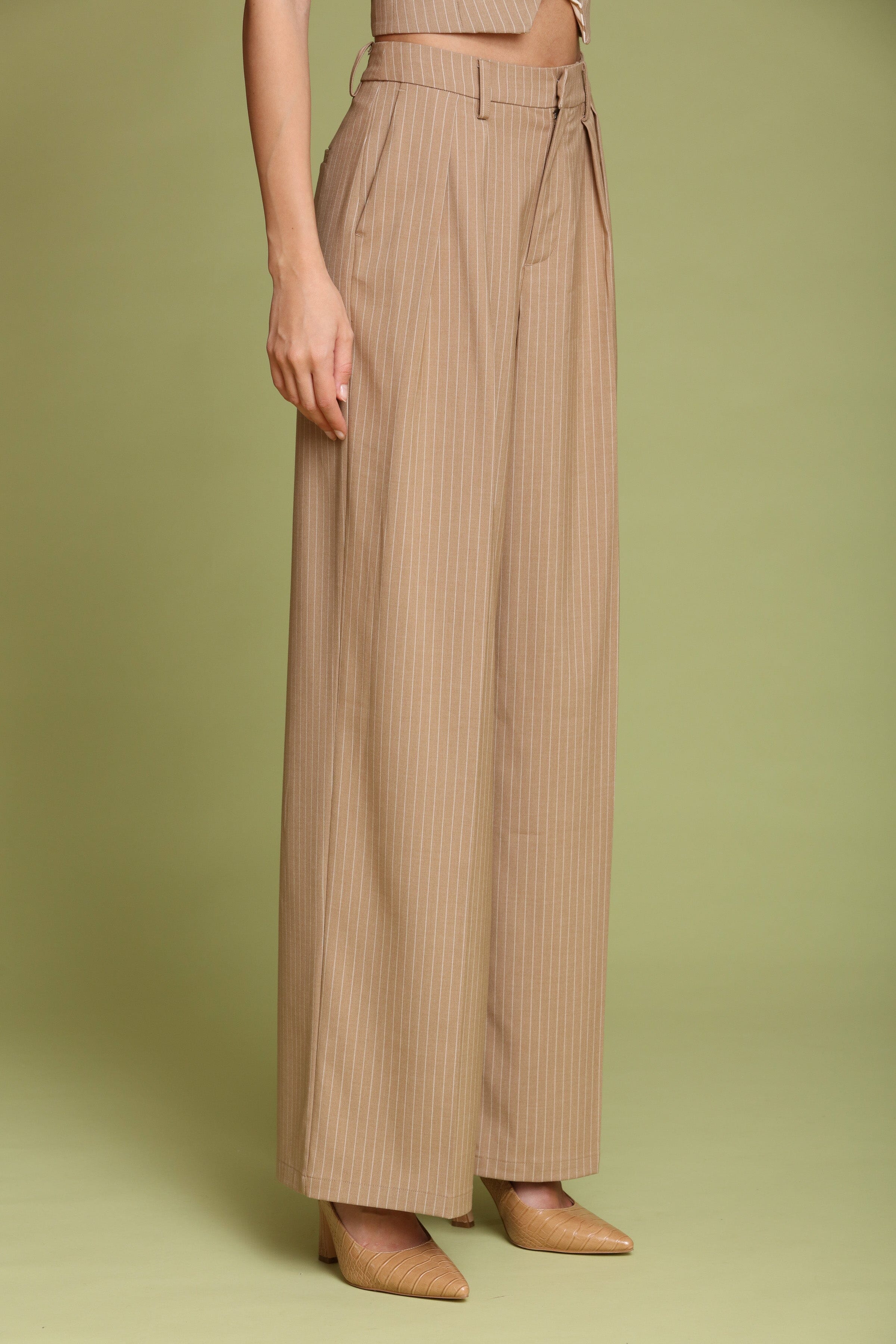 Pinstripe wide-leg camel trousers with front pleats, a high-rise waist, and faux welt pockets - Shop designer women’s trousers by Avec Les Filles