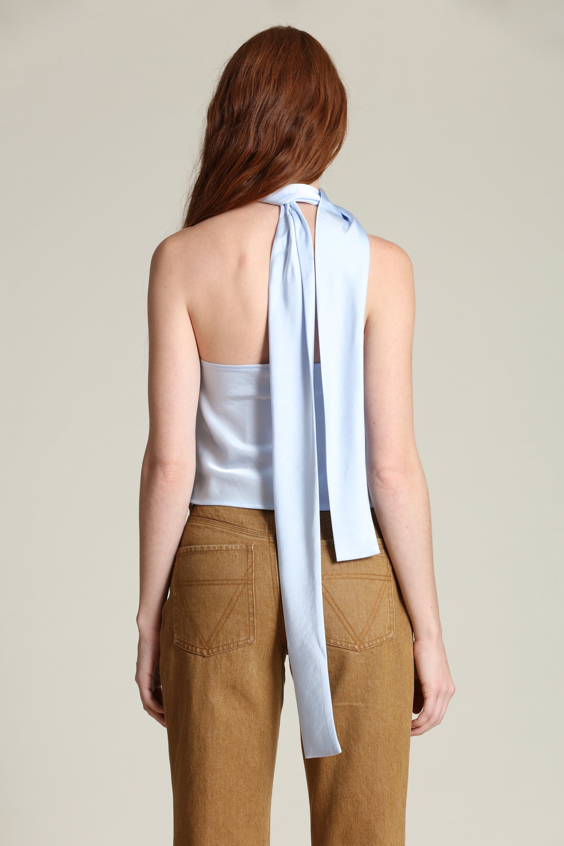 Ice blue satin scarf tie halter top with soft cowl neckline and cutaway sleeveless - Shop designer halter tops by Avec Les Filles