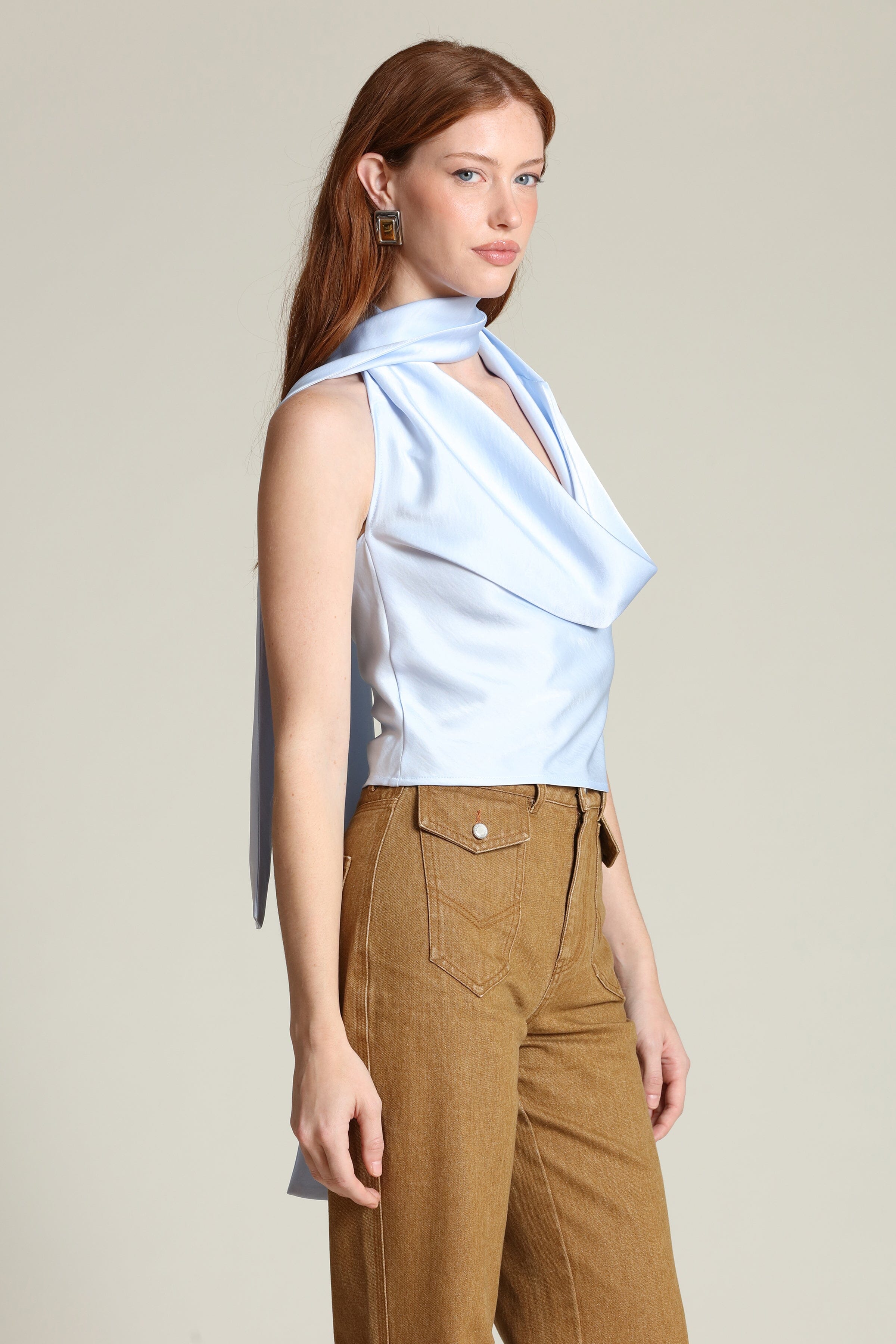 Ice blue satin scarf tie halter top with soft cowl neckline and cutaway sleeveless - Designer women's cute halter tops by Avec Les Filles