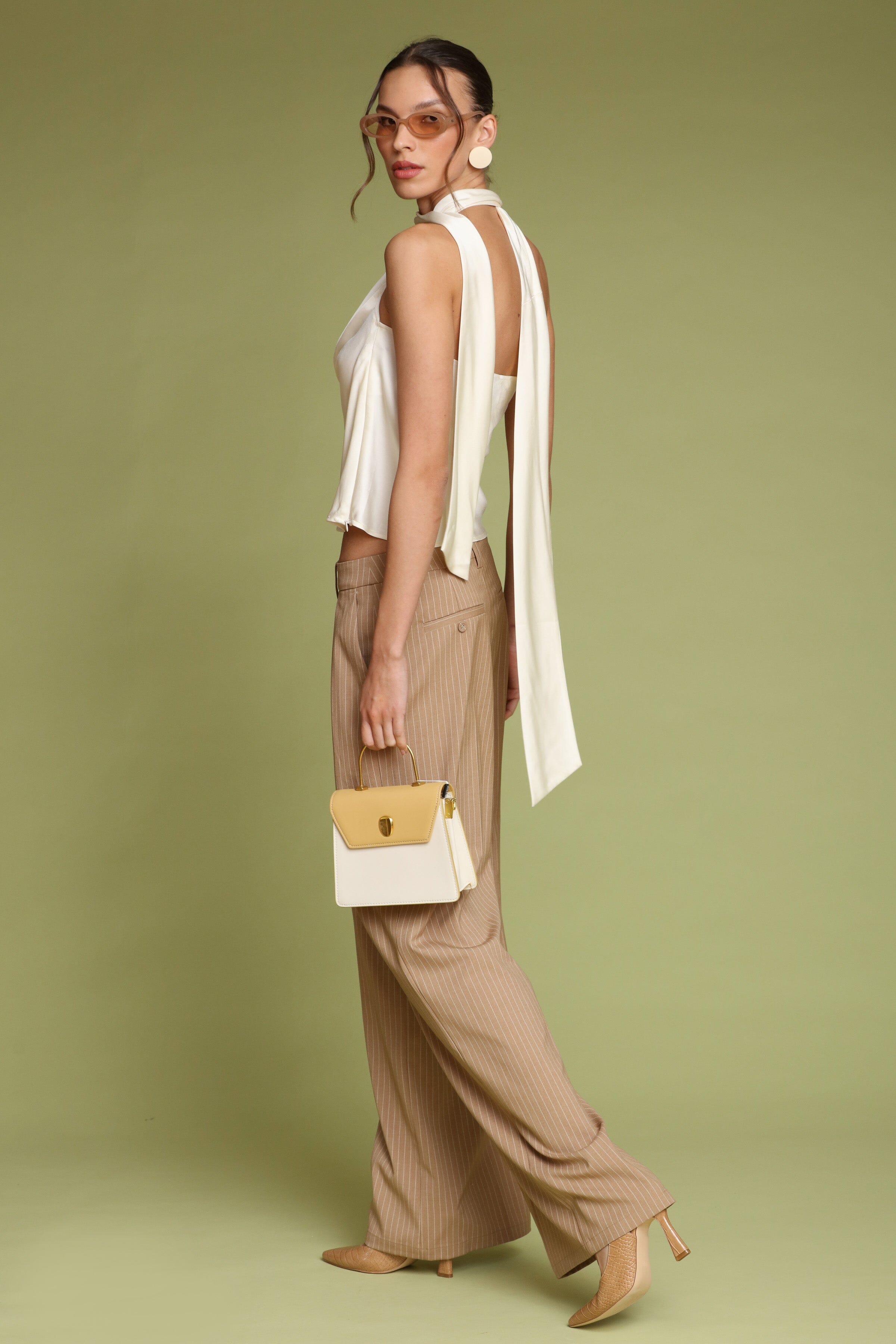 Ivory satin scarf tie halter top with soft cowl neckline and cutaway sleeveless - Shop designer women's halter tops by Avec Les Filles