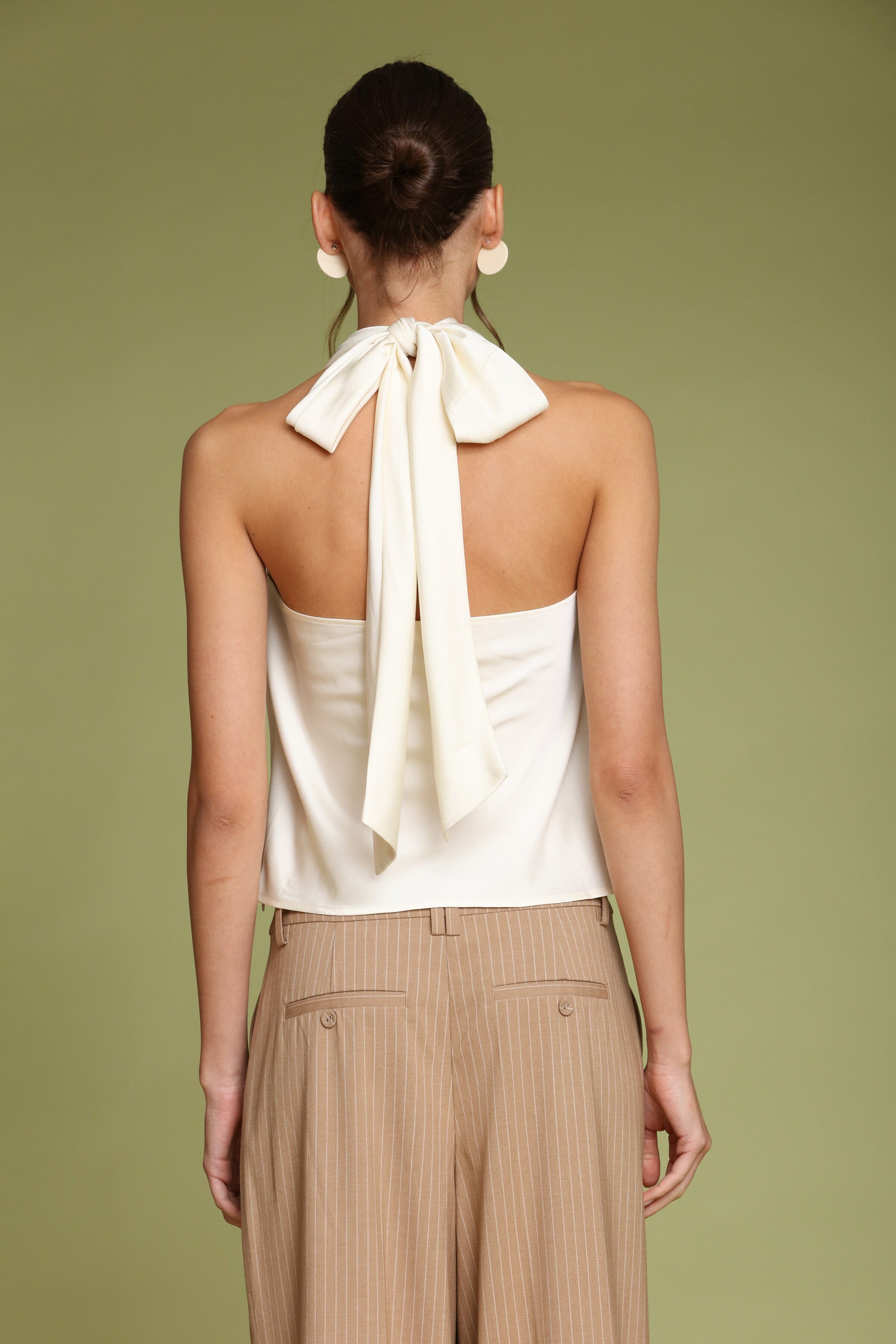 Ivory satin scarf tie halter top with soft cowl neckline and cutaway sleeveless - Shop designer women's halter tops by Avec Les Filles