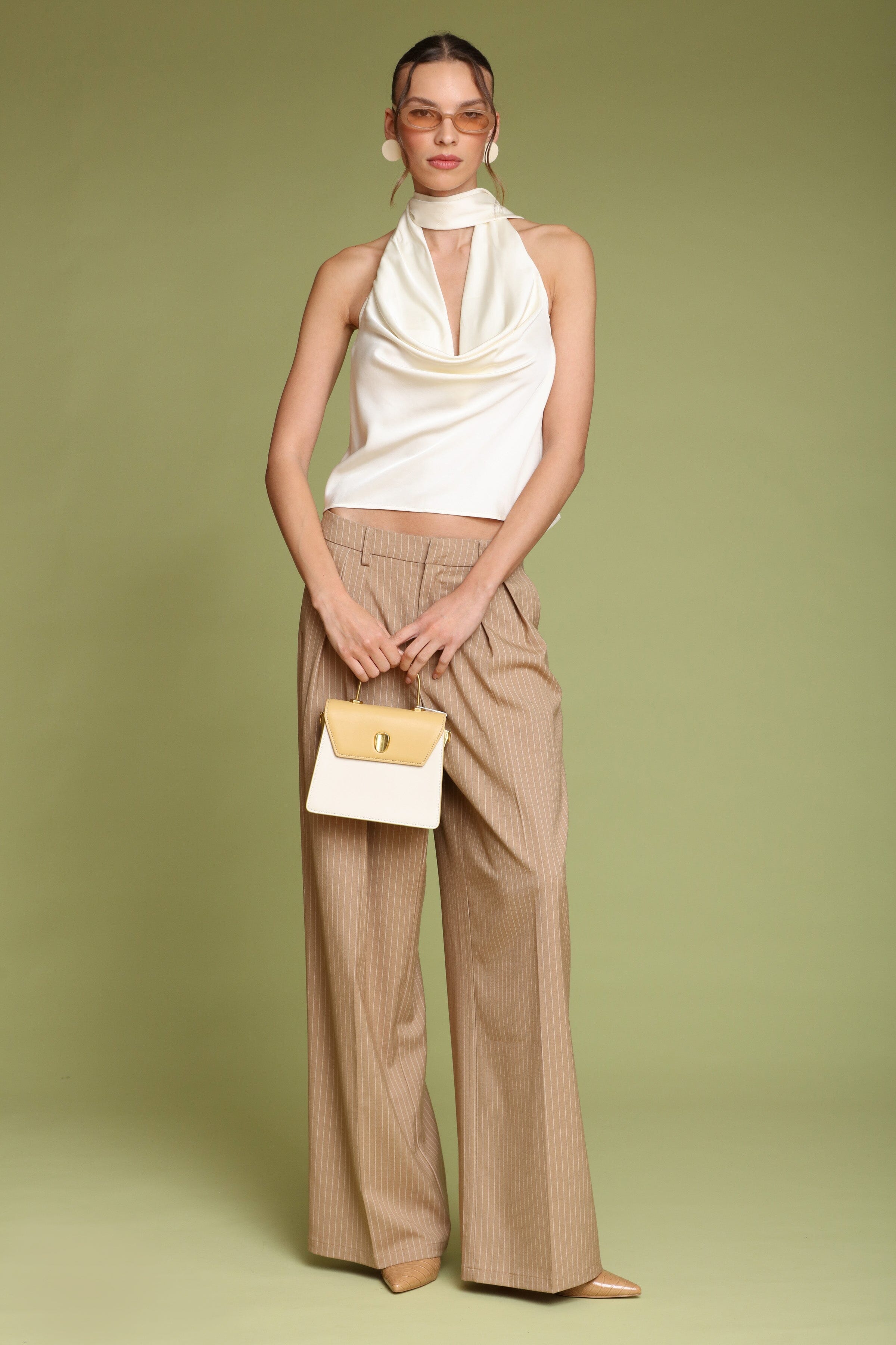 Ivory satin scarf tie halter top with soft cowl neckline and cutaway sleeveless - Shop designer women's halter tops by Avec Les Filles