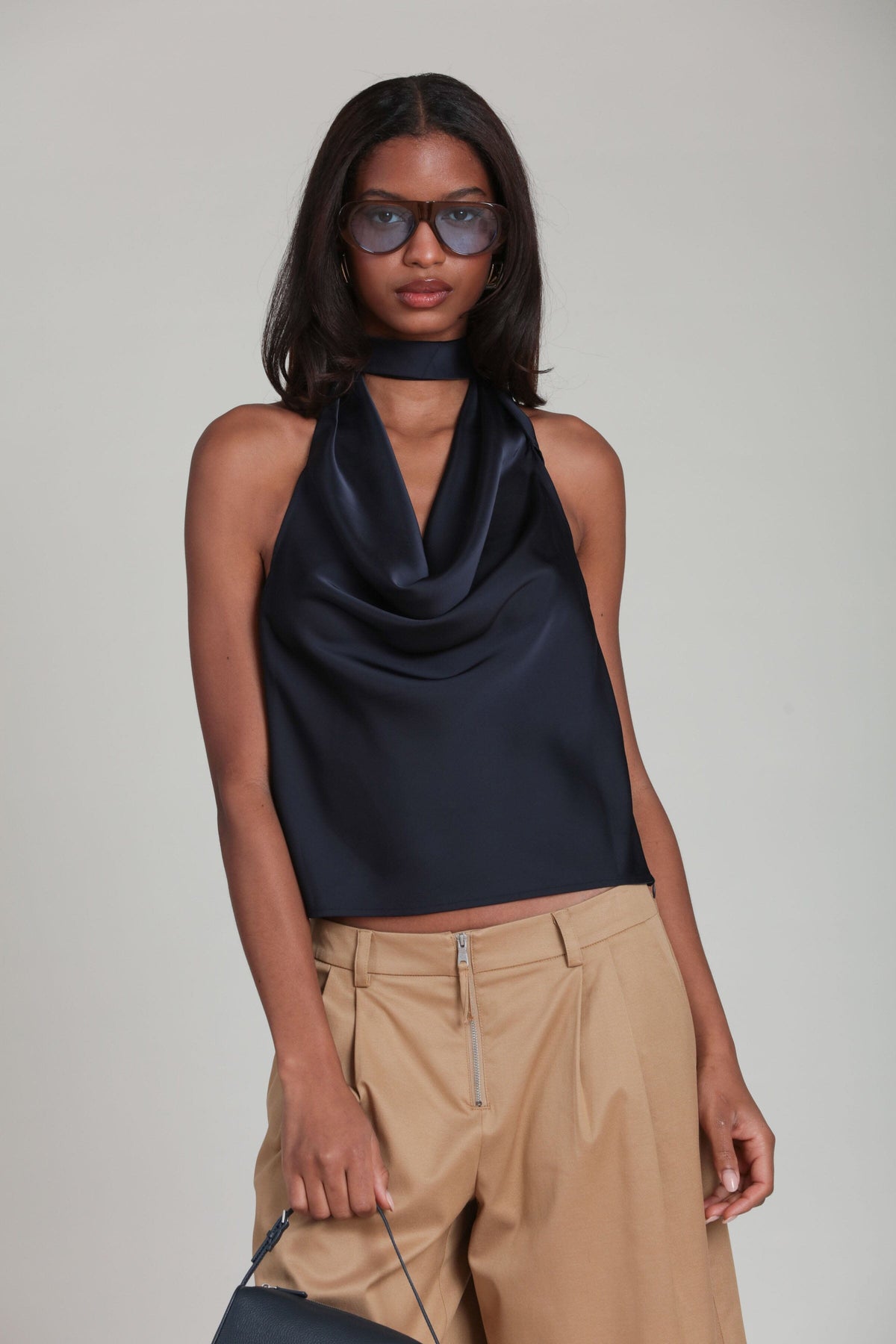 Navy Satin Scarf Tie Halter Top